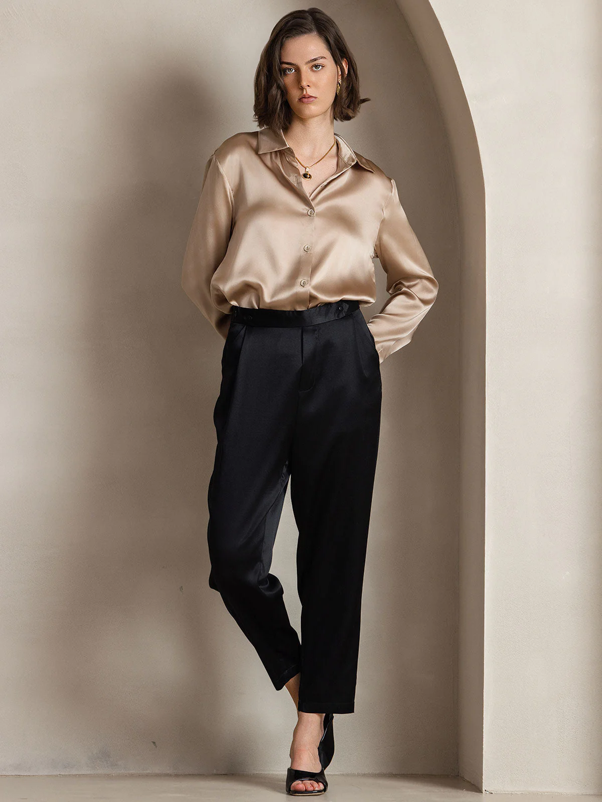19Momme Silk Long Sleeve Lapel Collar Women's Shirt - Image 5