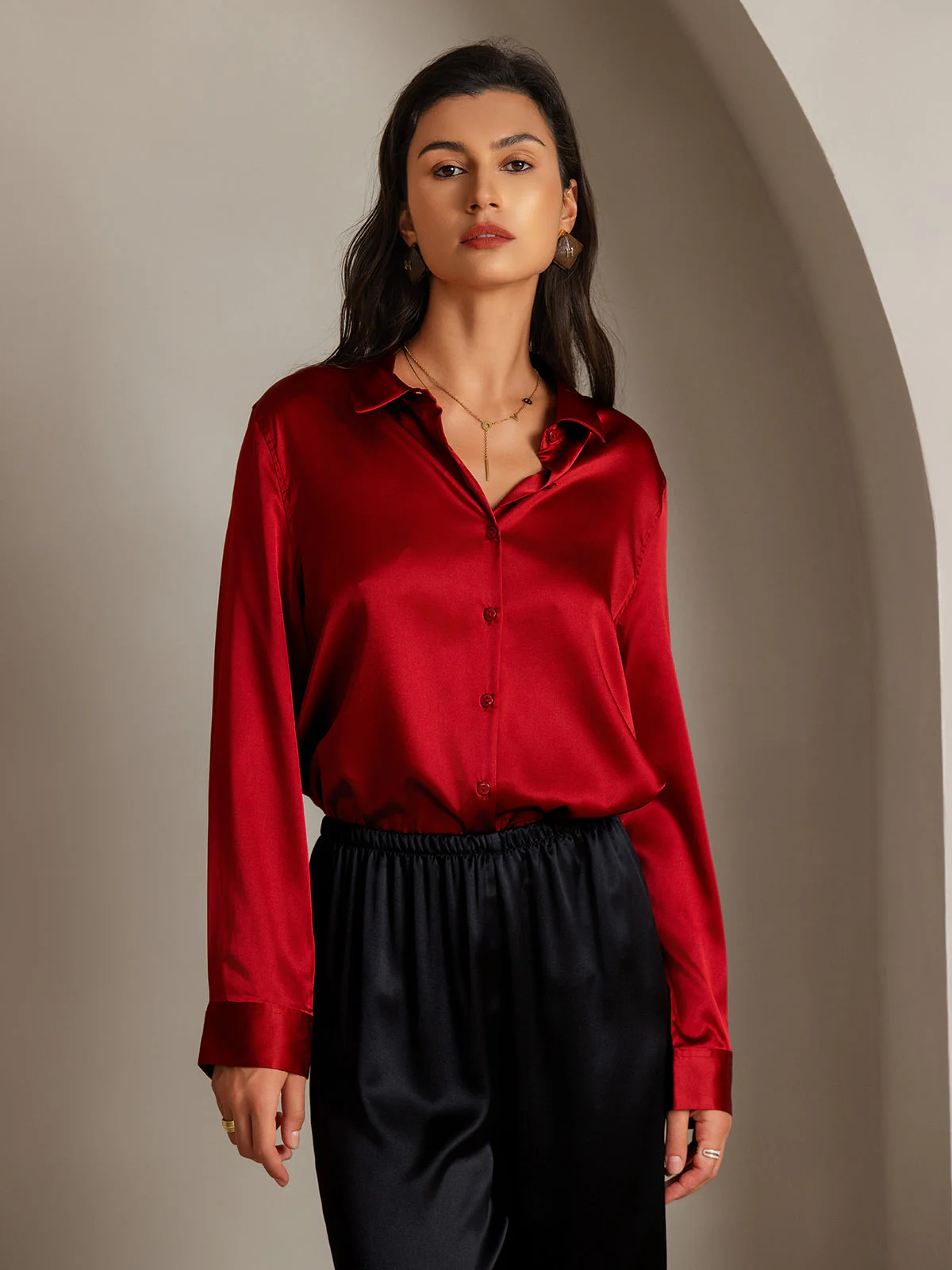 19Momme Silk Long Sleeve Lapel Collar Women's Shirt - Image 50