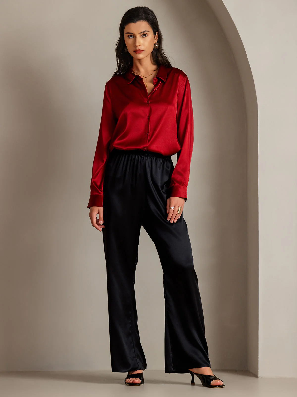 19Momme Silk Long Sleeve Lapel Collar Women's Shirt - Image 52
