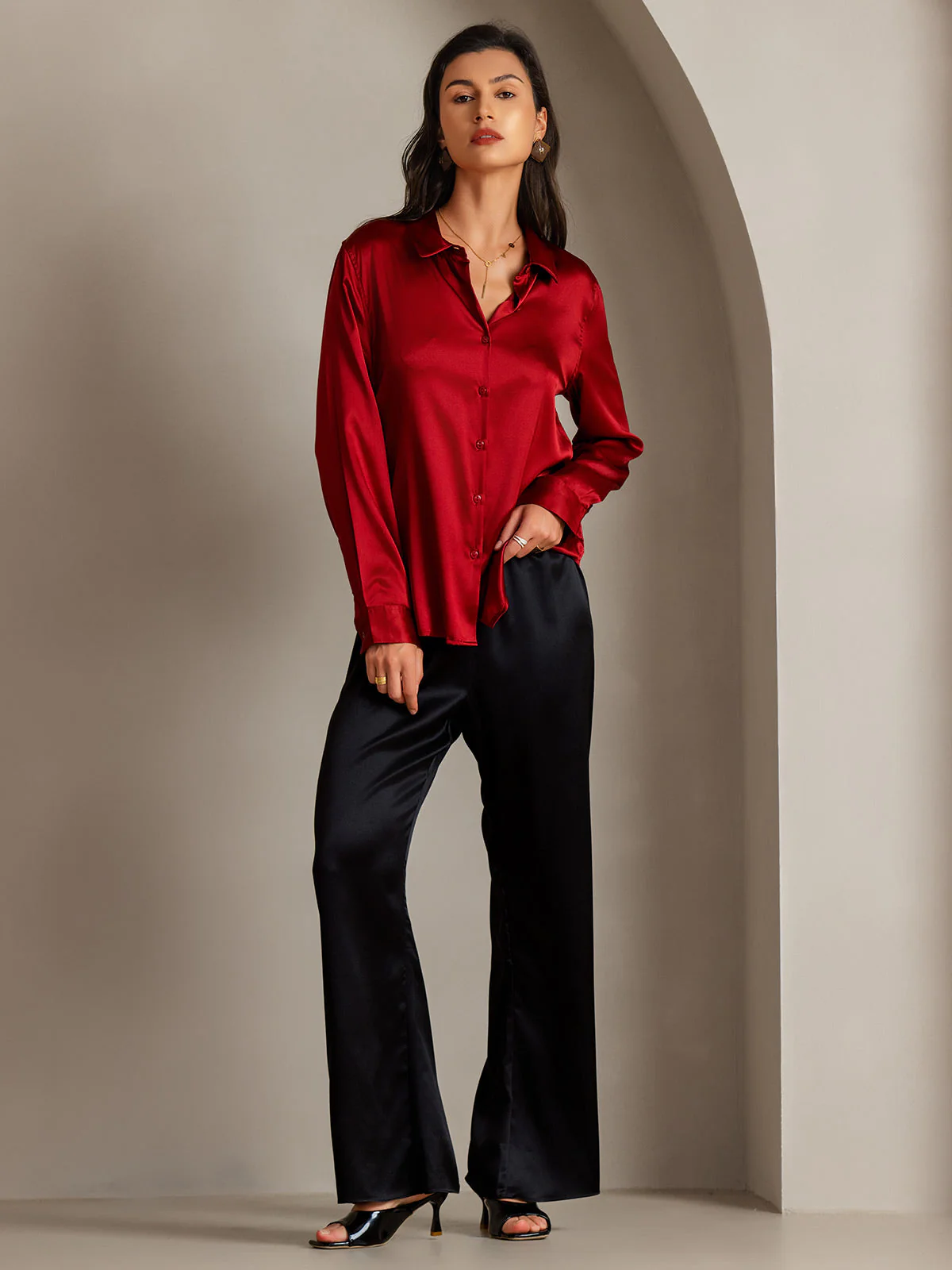 19Momme Silk Long Sleeve Lapel Collar Women's Shirt - Image 53