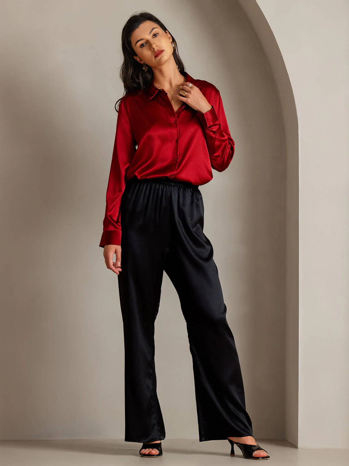 19Momme Silk Long Sleeve Lapel Collar Women's Shirt - Image 54