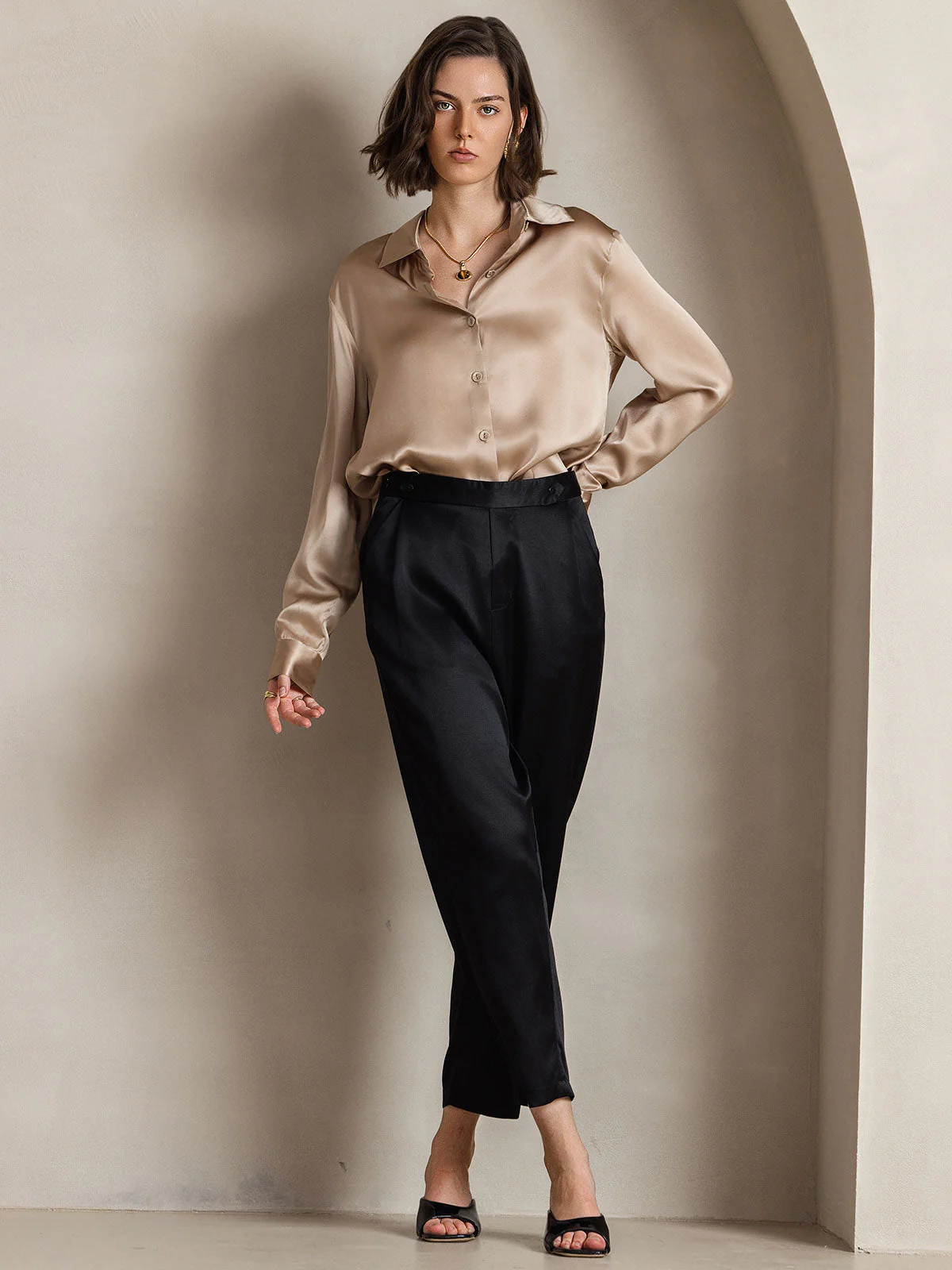 19Momme Silk Long Sleeve Lapel Collar Women's Shirt - Image 6