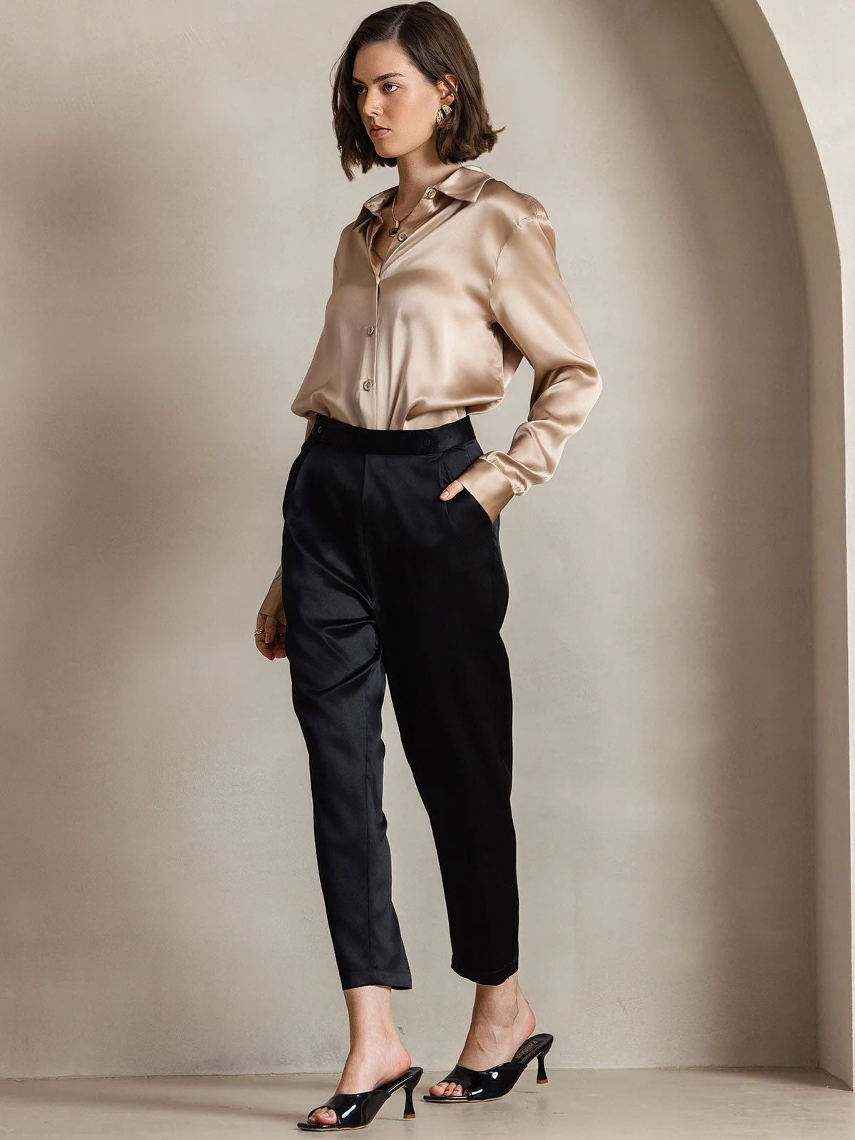 19Momme Silk Long Sleeve Lapel Collar Women's Shirt - Image 8