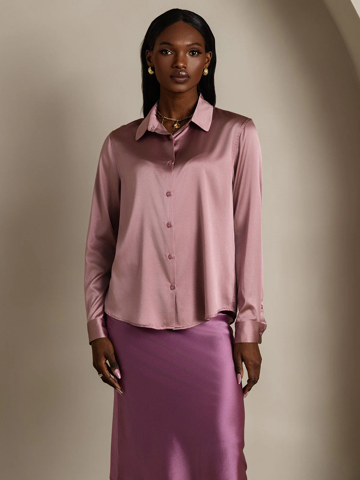 19Momme Silk Long Sleeve Lapel Collar Women's Shirt - Image 82