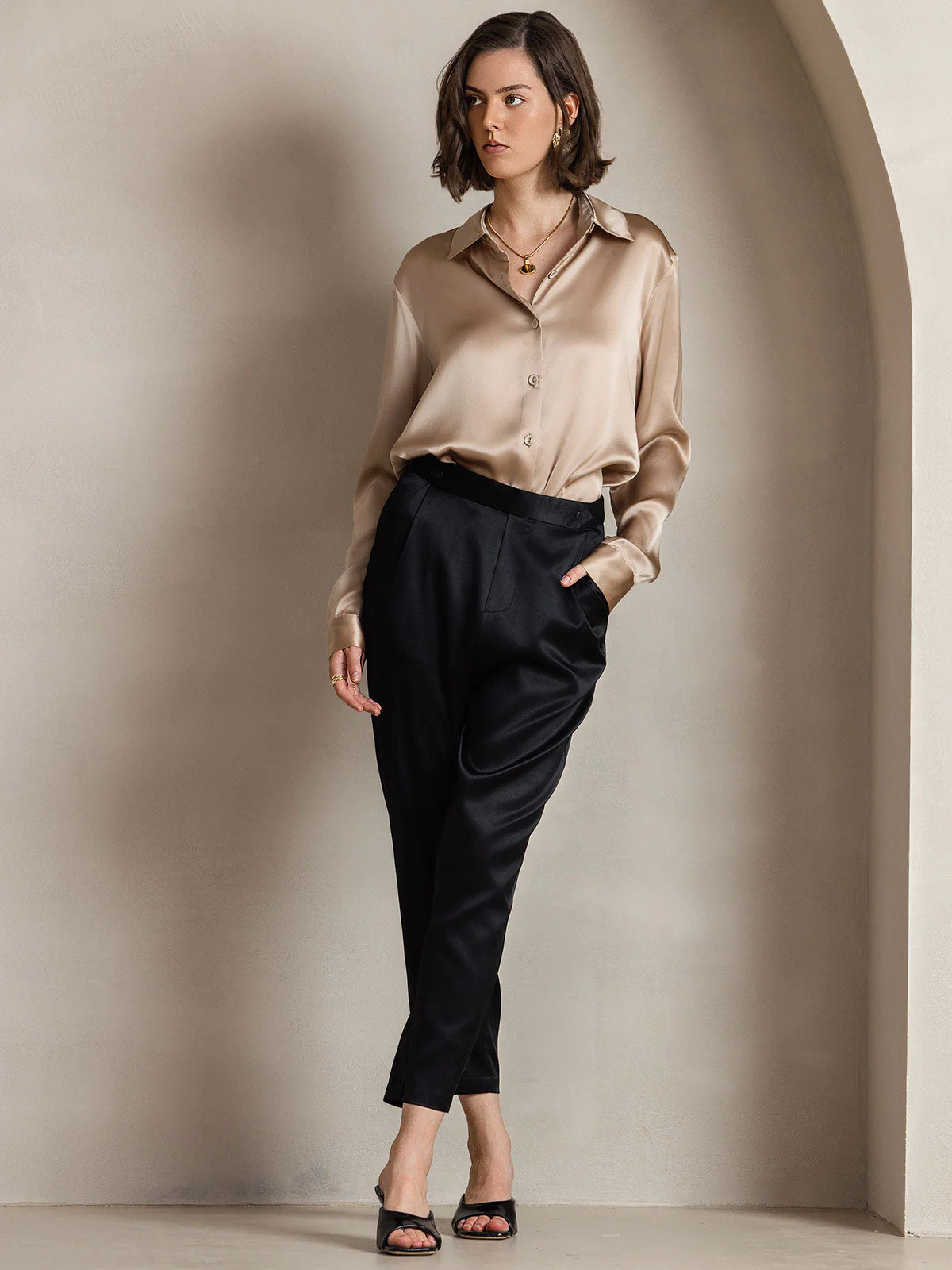 19Momme Silk Long Sleeve Lapel Collar Women's Shirt - Image 9