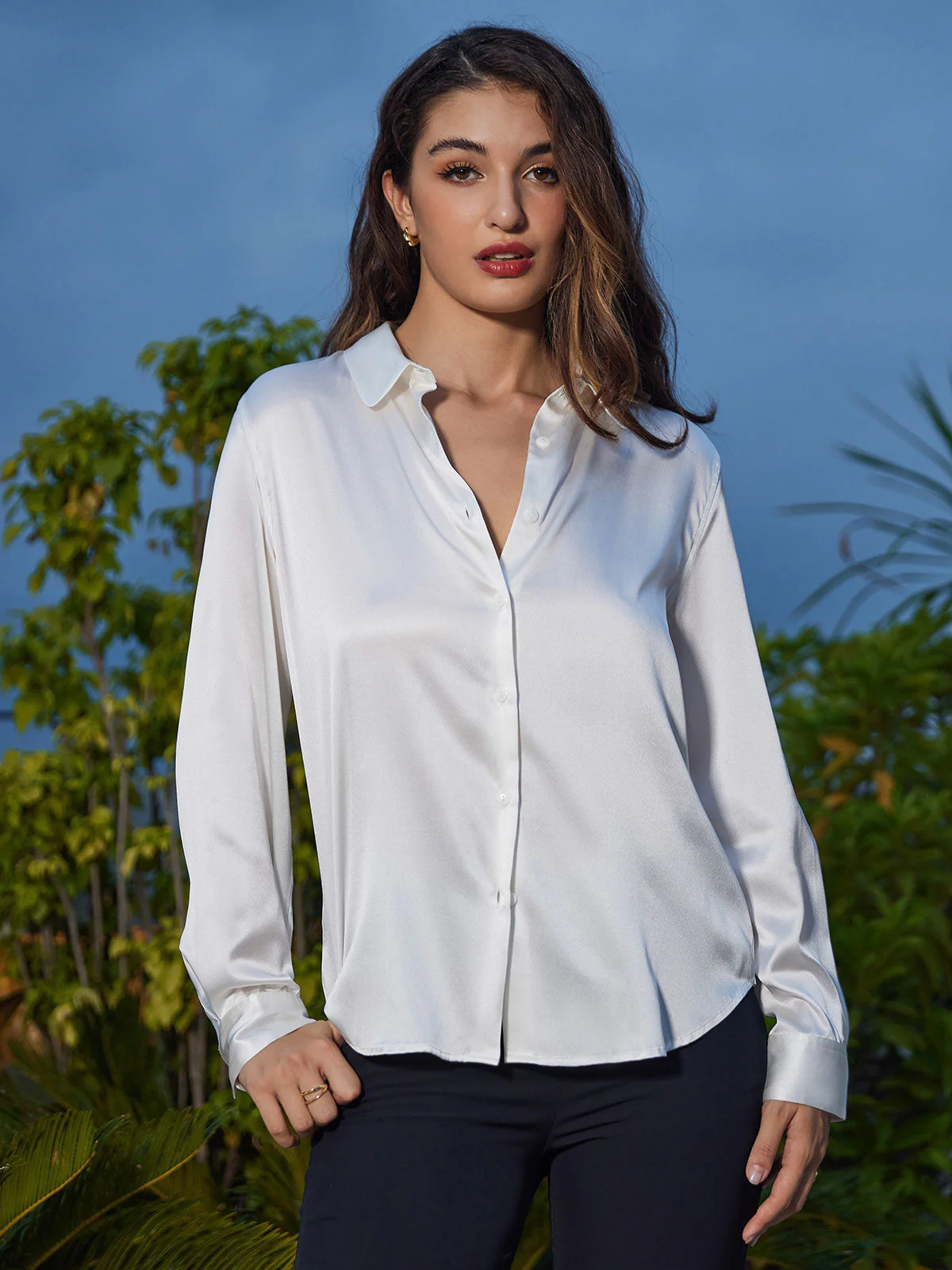 19Momme Silk Long Sleeve Lapel Collar Women's Shirt with Button Up Design - Image 11