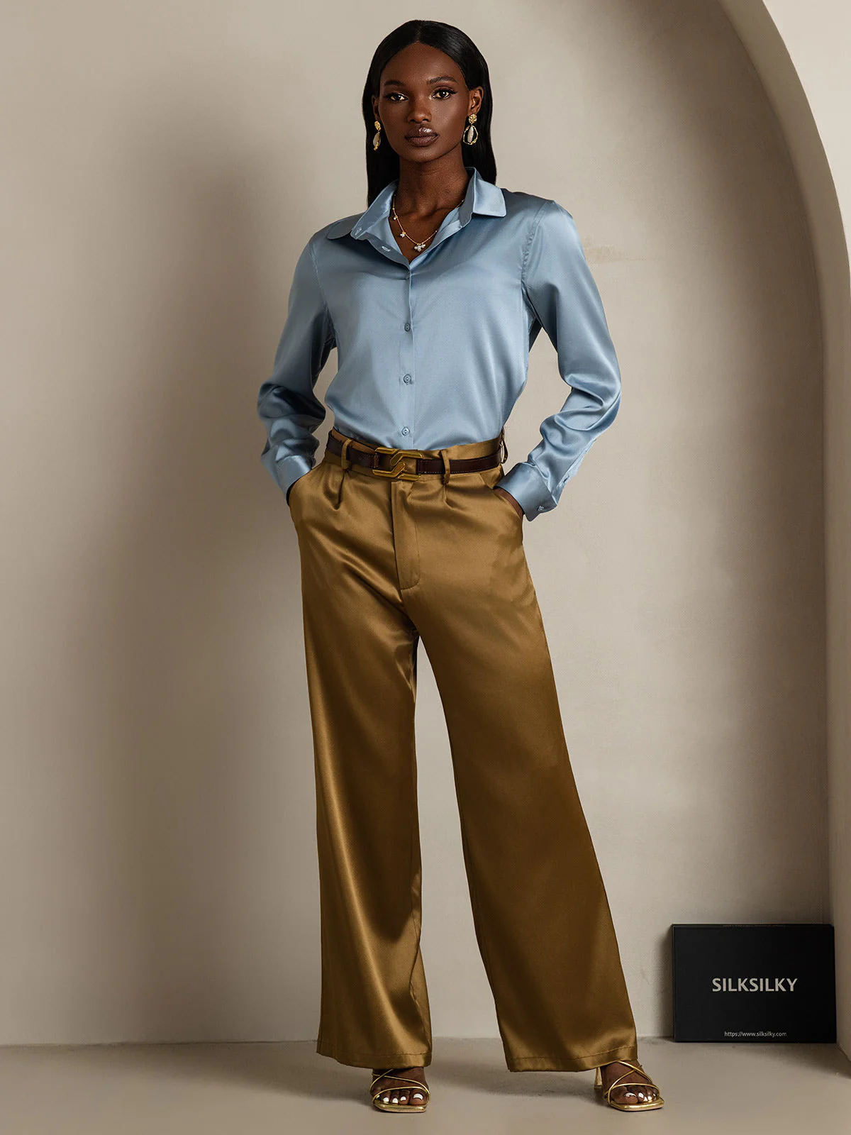 19Momme Silk Long Sleeve Lapel Collar Women's Shirt with Button Up Design - Image 86