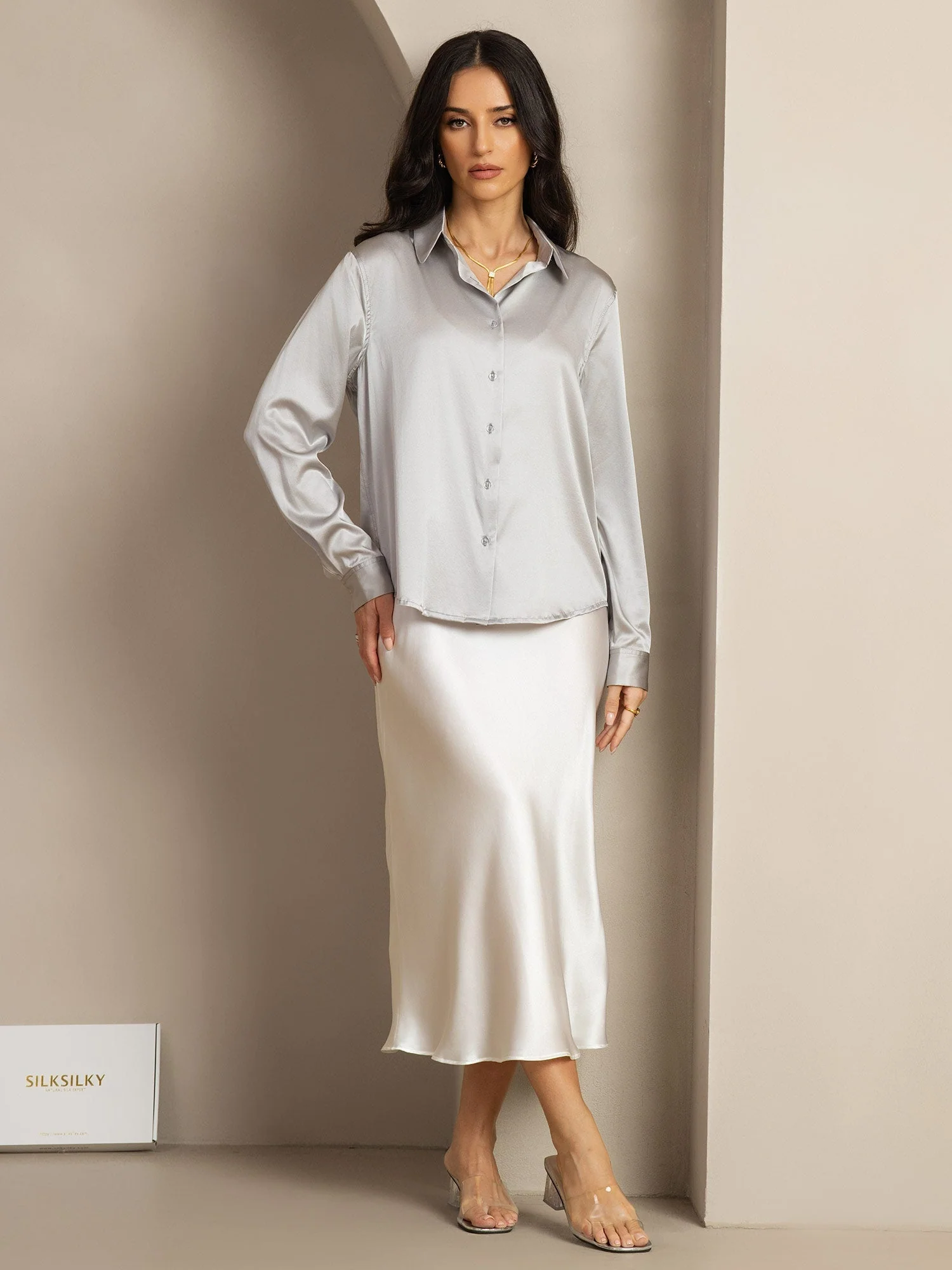 19Momme Silk Long Sleeve Lapel Collar Women's Shirt with Button Up Design - Image 93