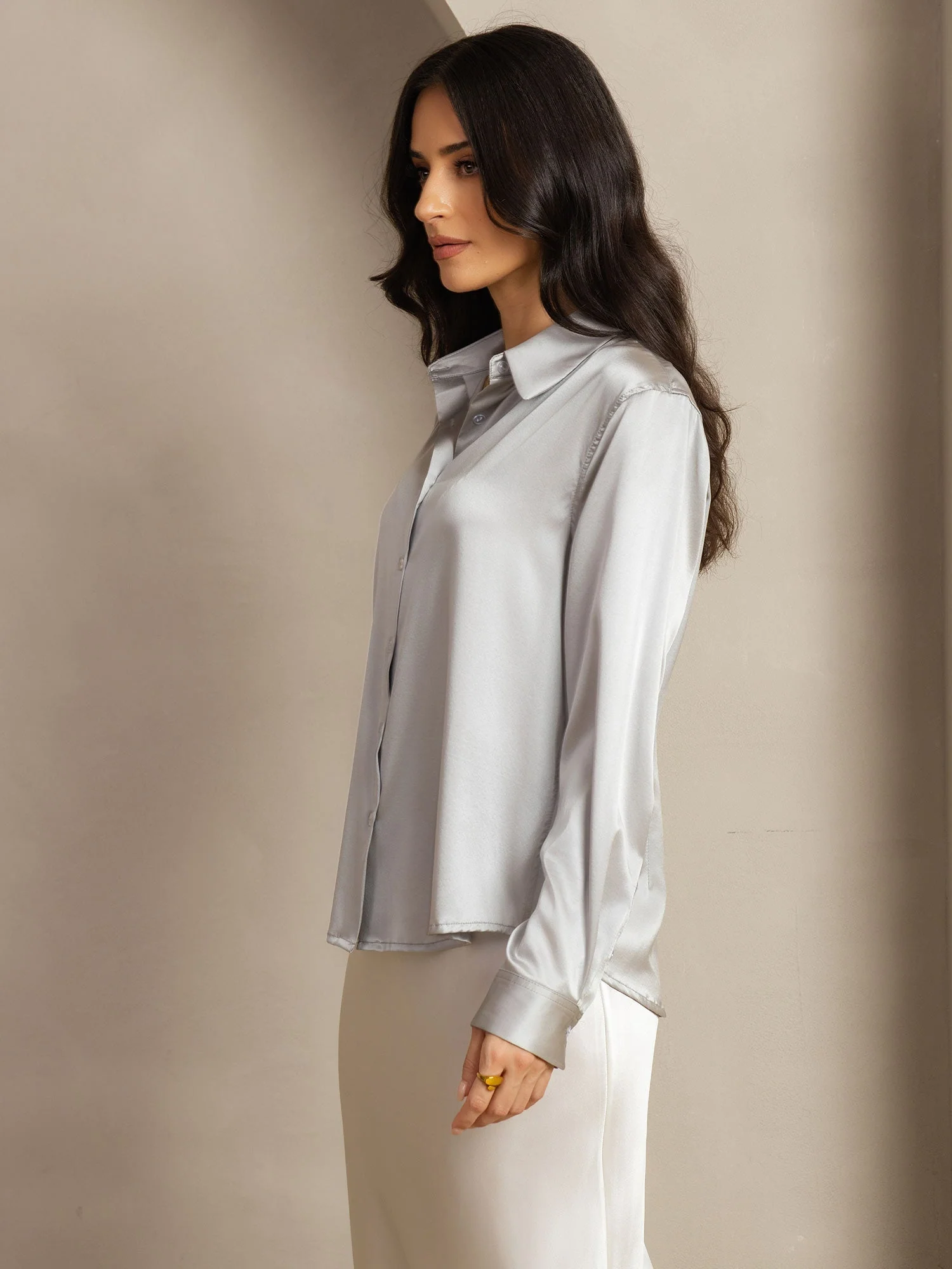 19Momme Silk Long Sleeve Lapel Collar Women's Shirt with Button Up Design - Image 111