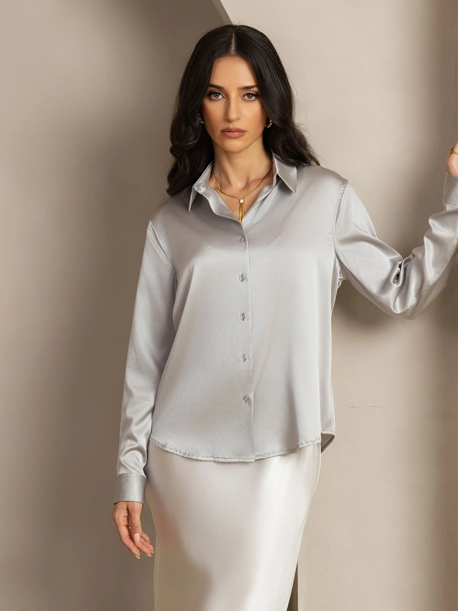 19Momme Silk Long Sleeve Lapel Collar Women's Shirt with Button Up Design - Image 117