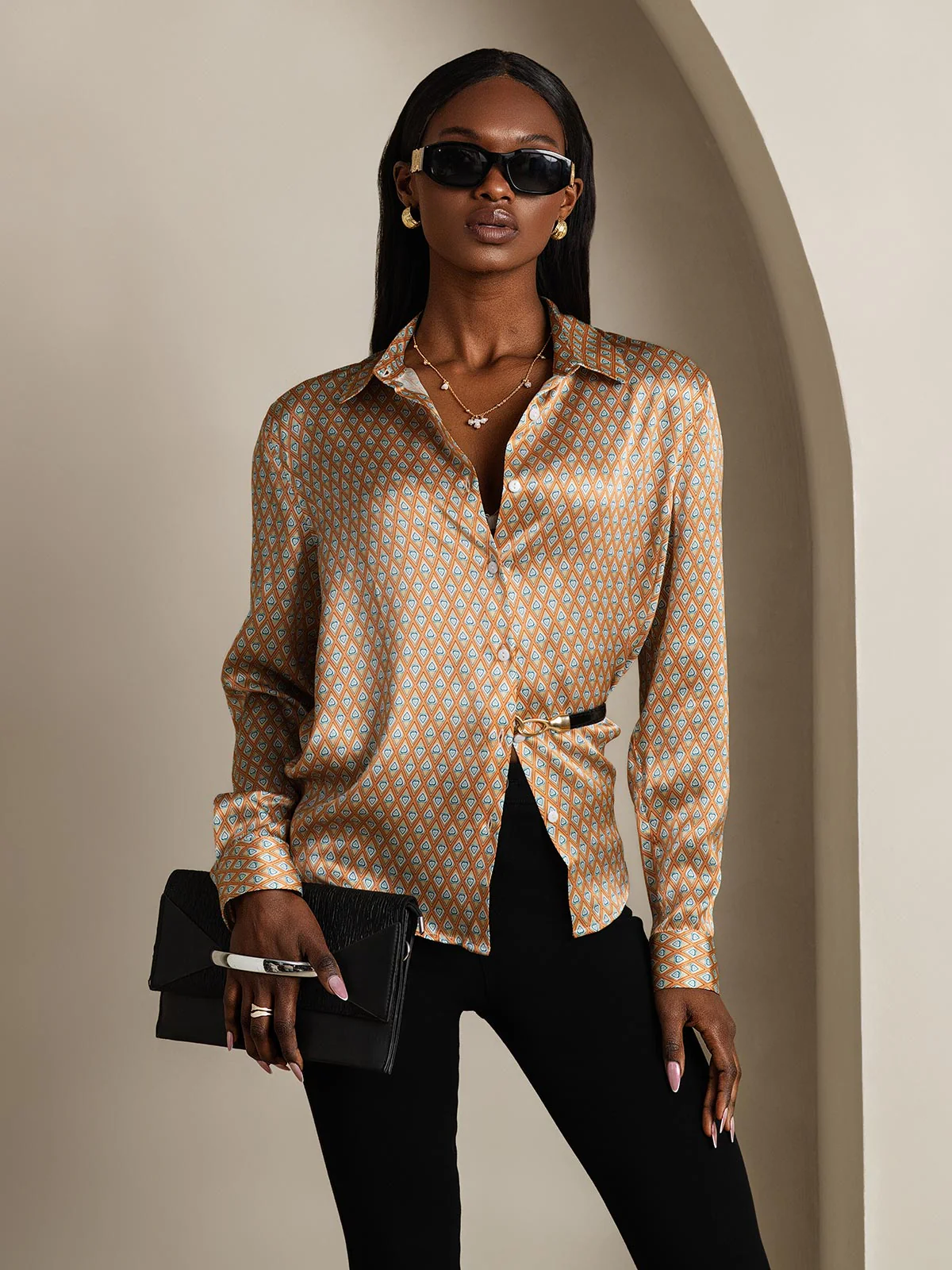 19Momme Silk Long Sleeve Lapel Collar Women's Shirt with Button Up Design - Image 124
