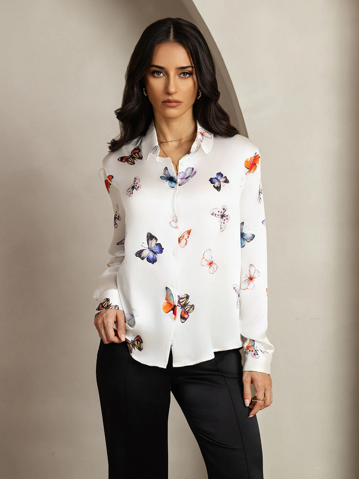 19Momme Silk Long Sleeve Lapel Collar Women's Shirt with Button Up Design - Image 139