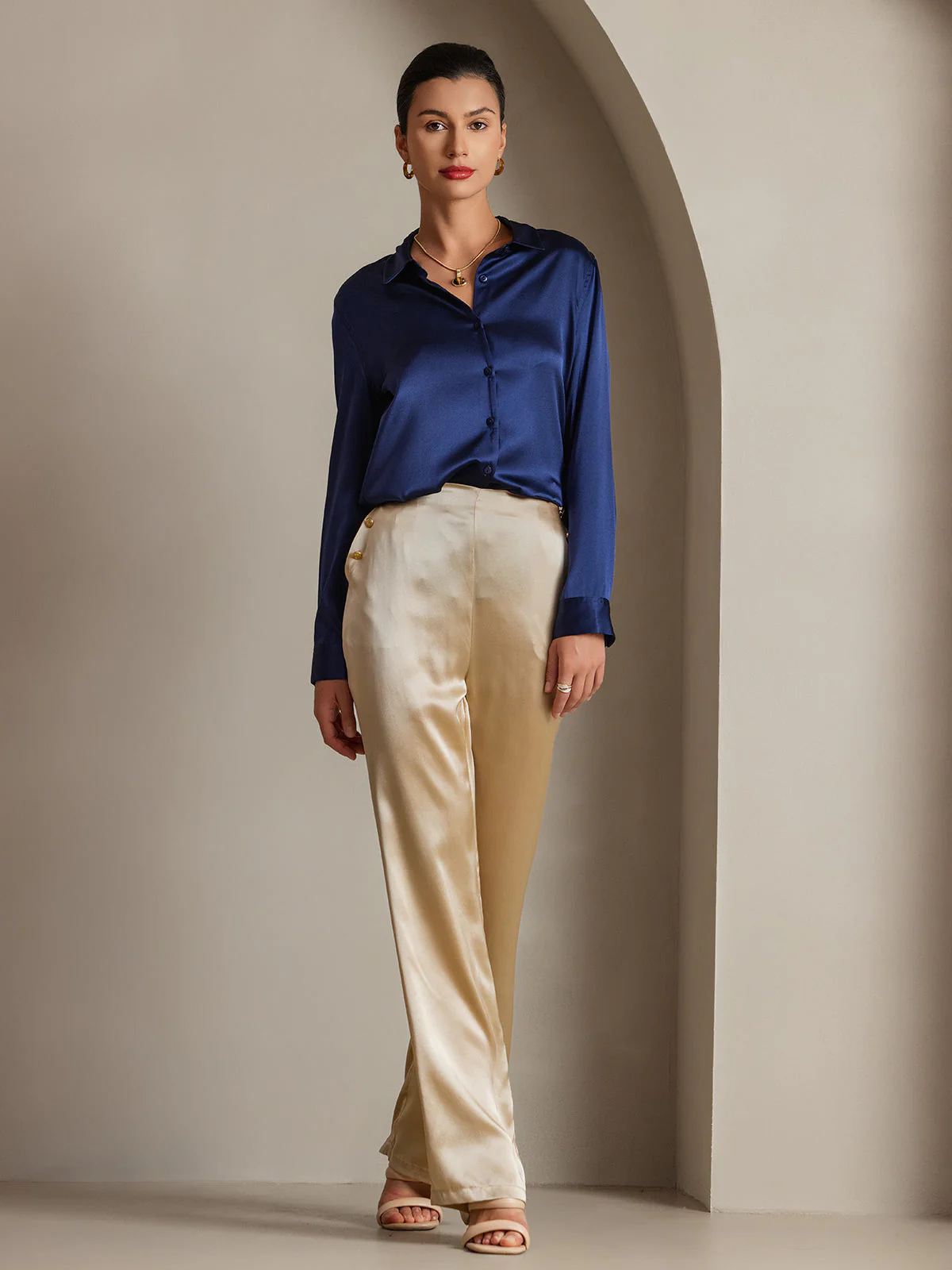 19Momme Silk Long Sleeve Lapel Collar Women's Shirt with Button Up Design - Image 37