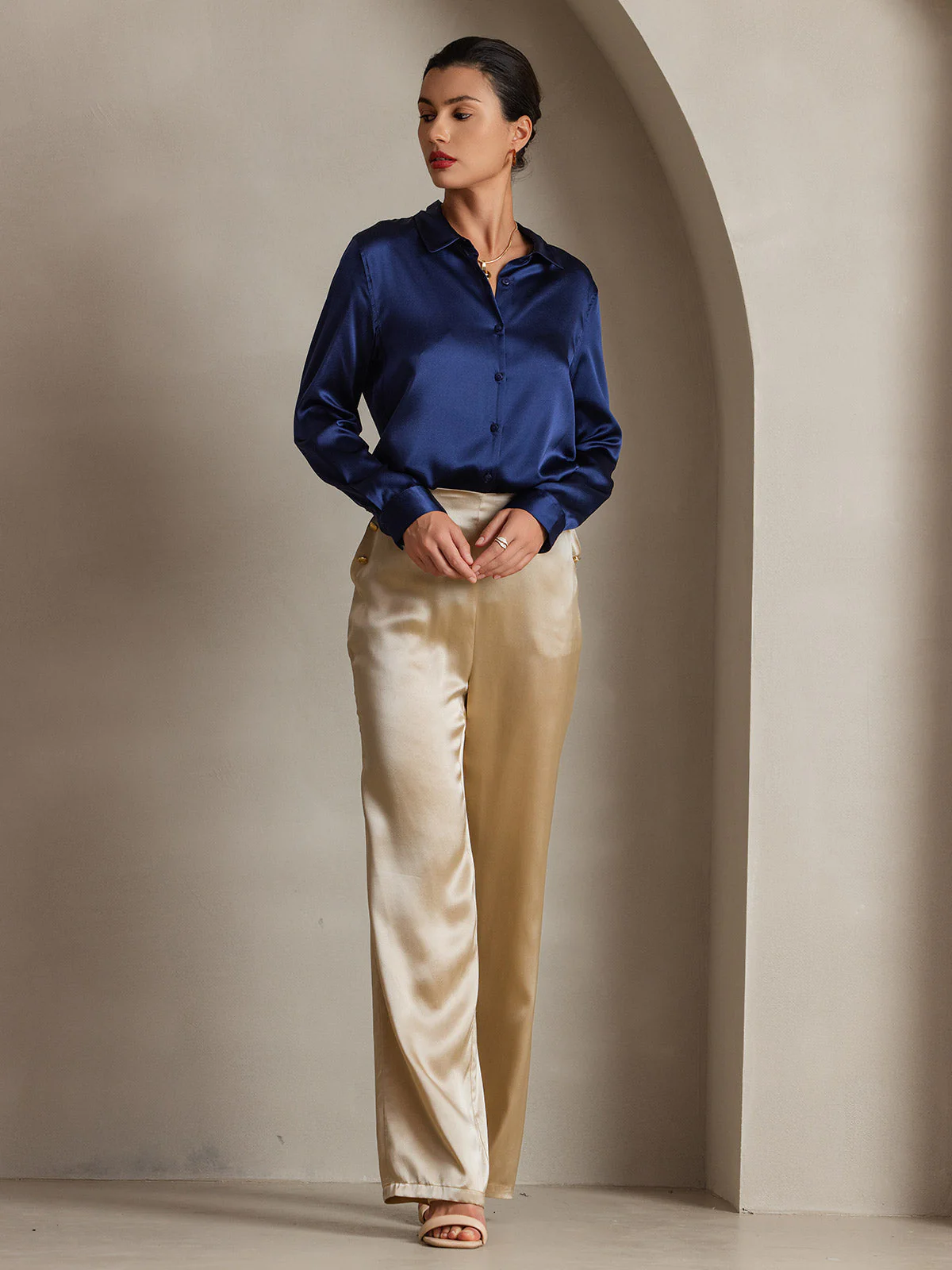 19Momme Silk Long Sleeve Lapel Collar Women's Shirt with Button Up Design - Image 40