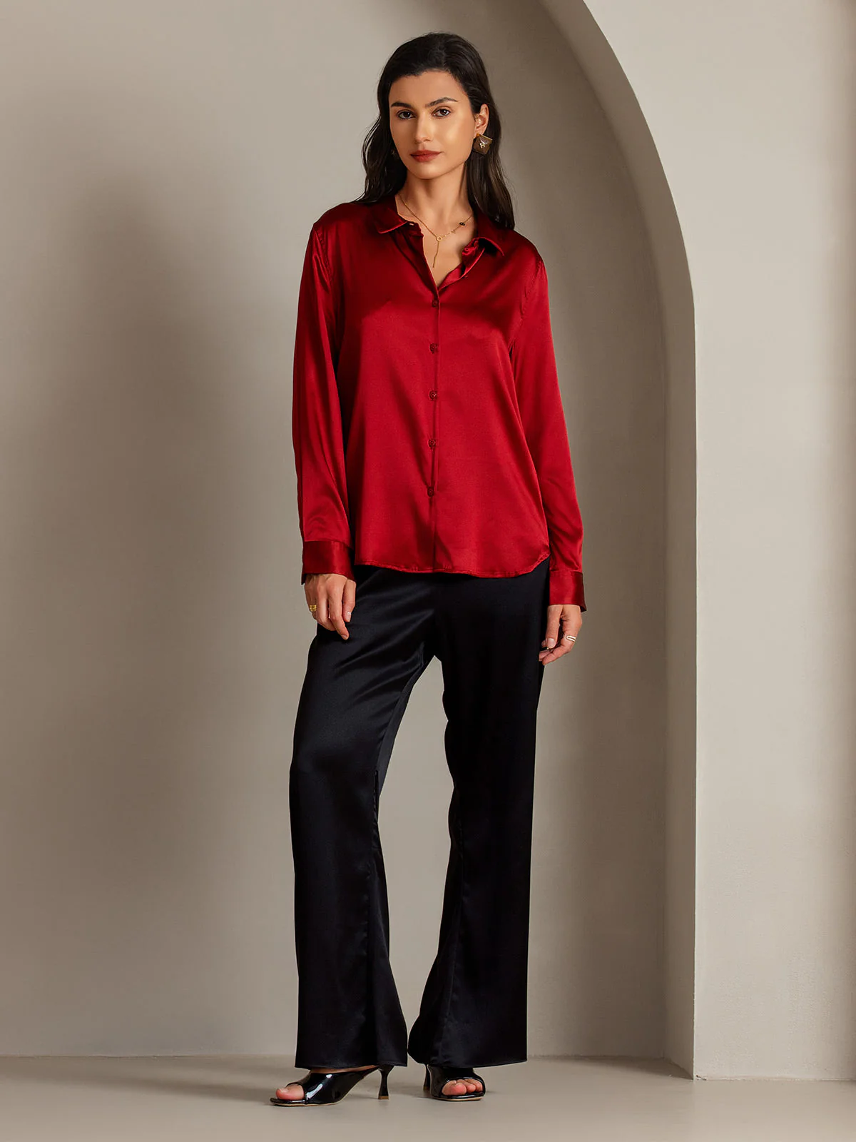 19Momme Silk Long Sleeve Lapel Collar Women's Shirt with Button Up Design - Image 5