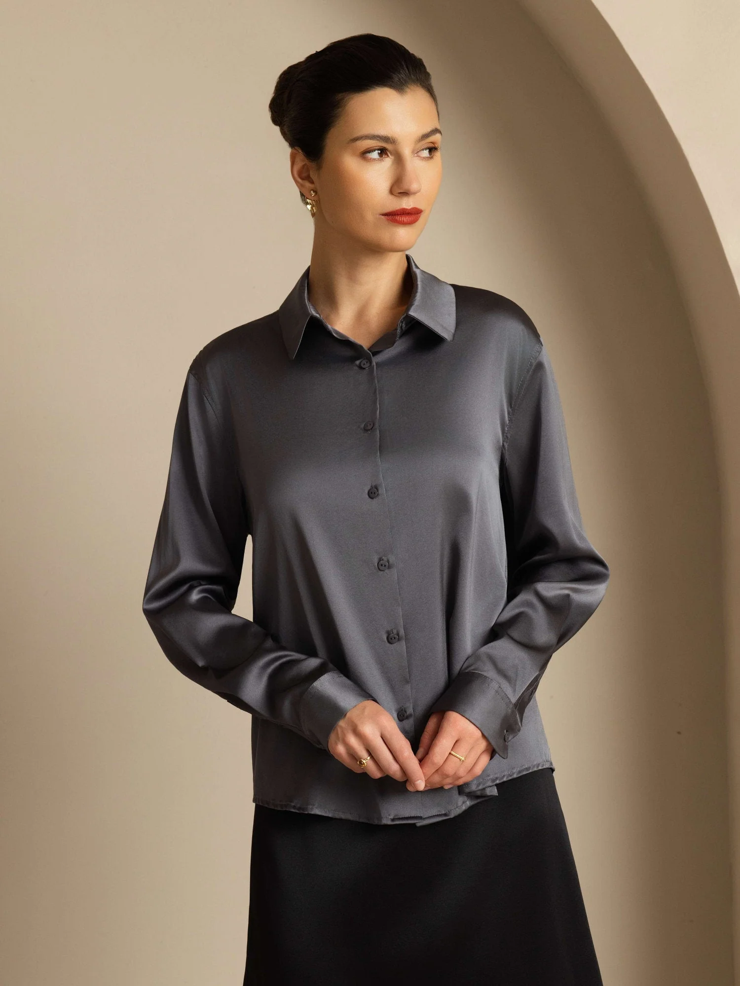 19Momme Silk Long Sleeve Lapel Collar Women's Shirt with Button Up Design - Image 67