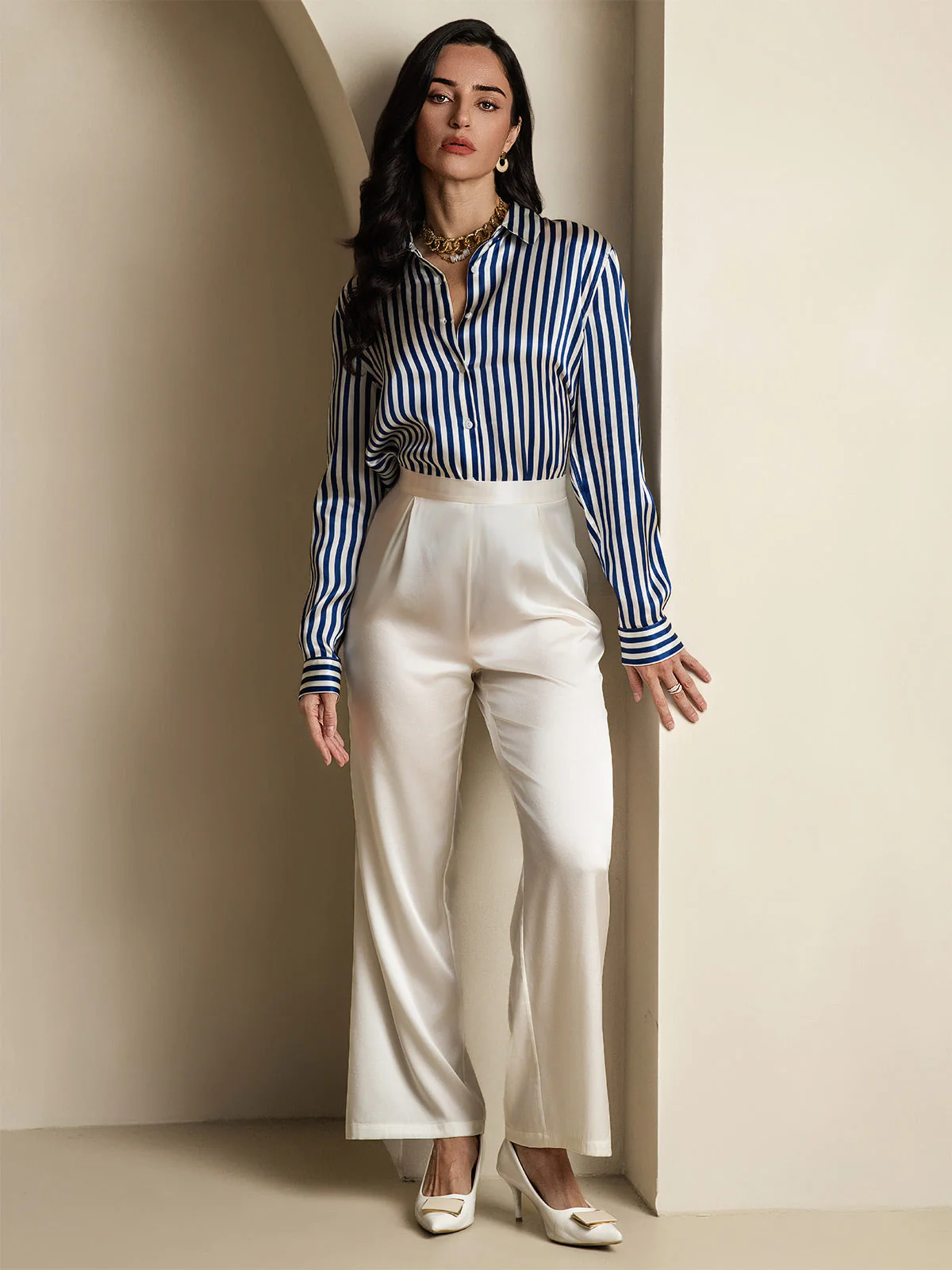 19Momme Silk Long Sleeve Lapel Collar Women's Shirt with Button Up Design - Image 76