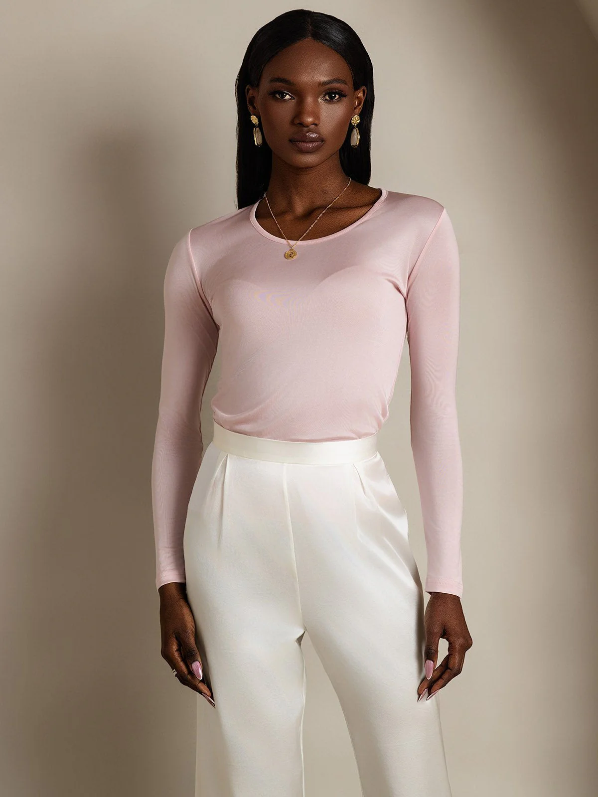 Women's Silk Long Sleeve Round Neck Top - Image 31