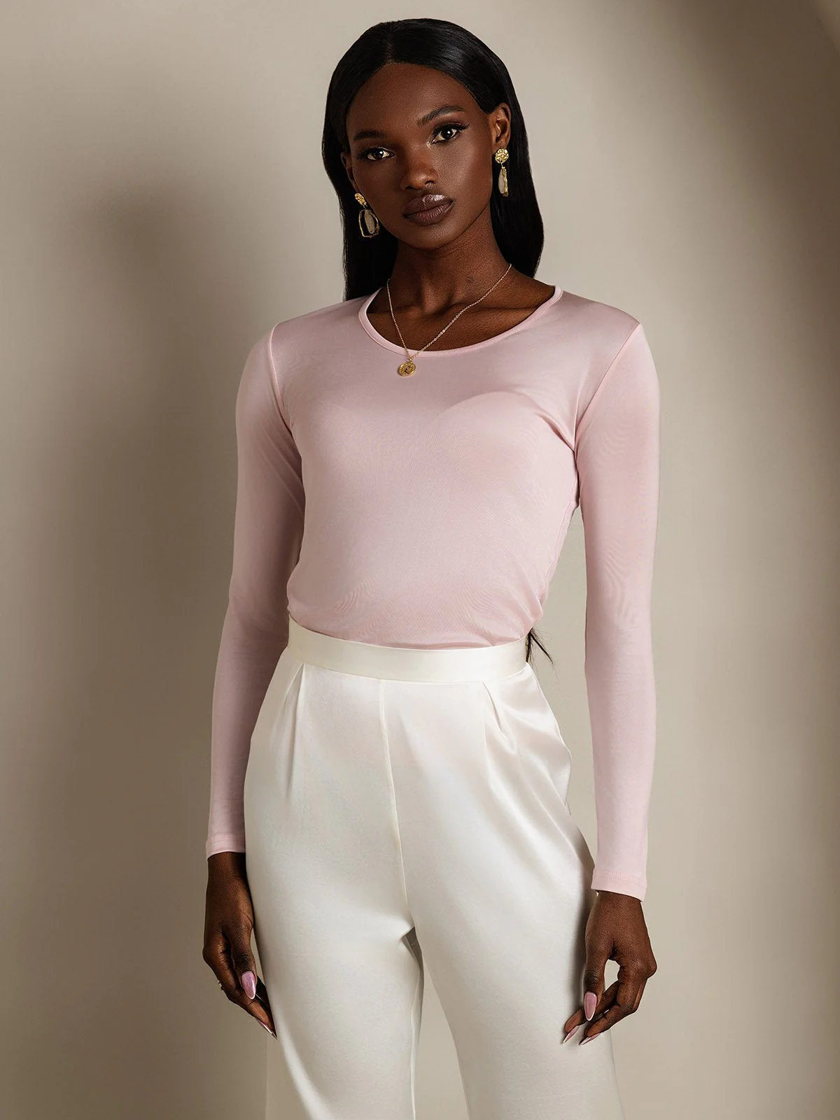 Women's Silk Long Sleeve Round Neck Top - Image 33