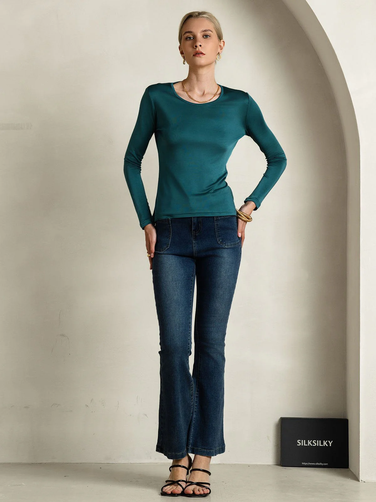 Women's Silk Long Sleeve Round Neck Top - Image 39