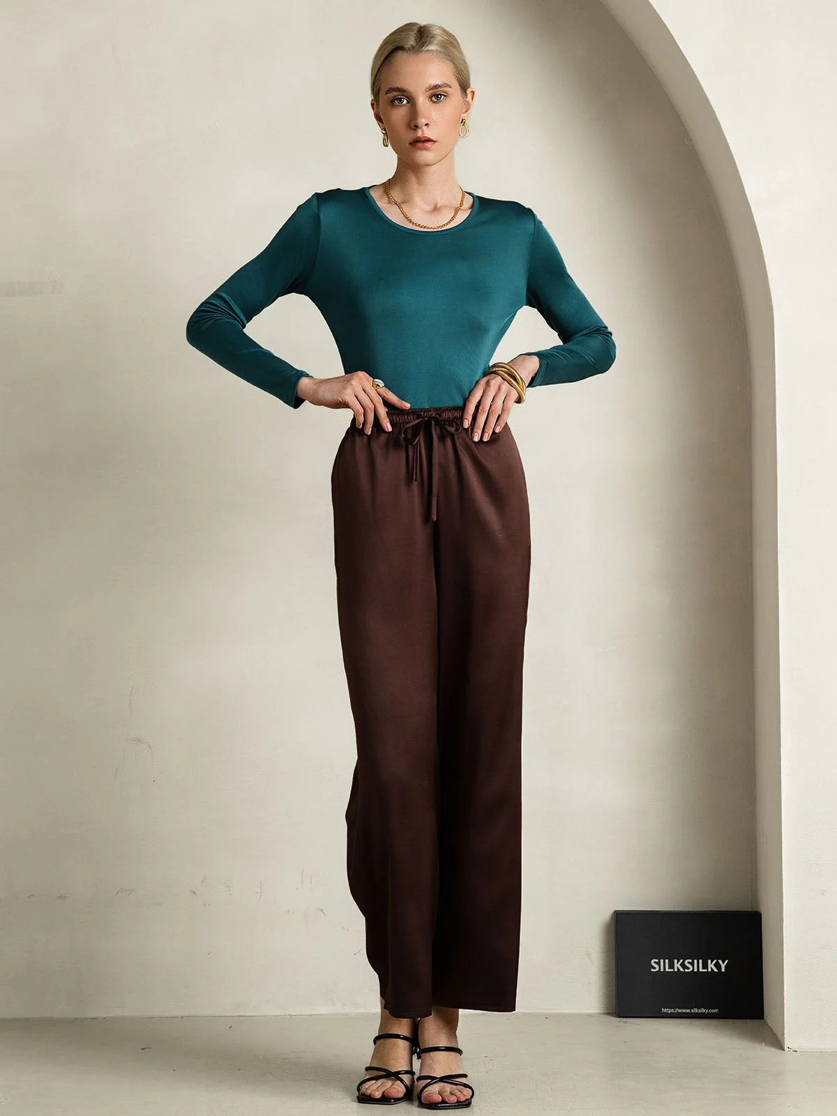 Women's Silk Long Sleeve Round Neck Top - Image 41