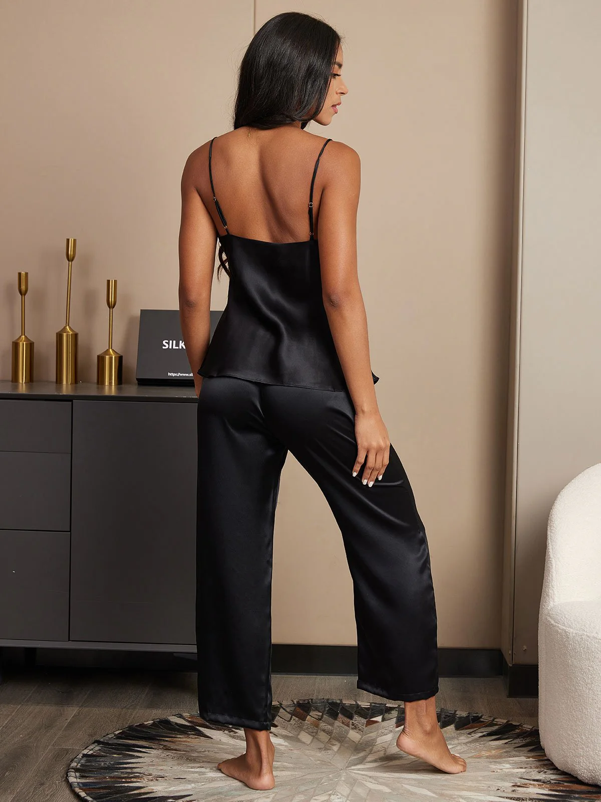 100% Mulberry Silk Spaghetti Strap V Neck Cami & Pants Pajama Set - Image 18