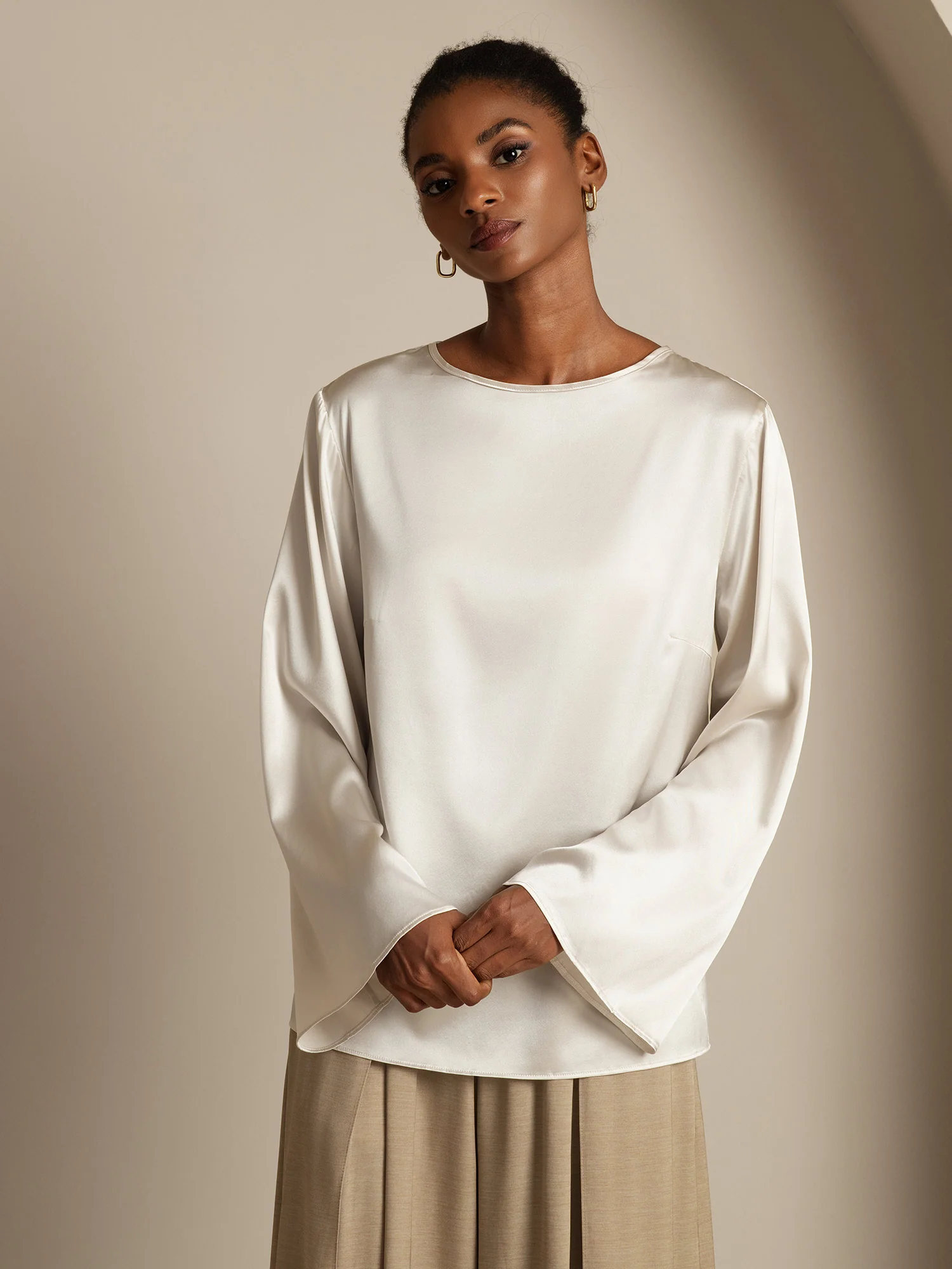 19Momme Silk Bell Sleeve Boat Neck Women's Top - Image 26