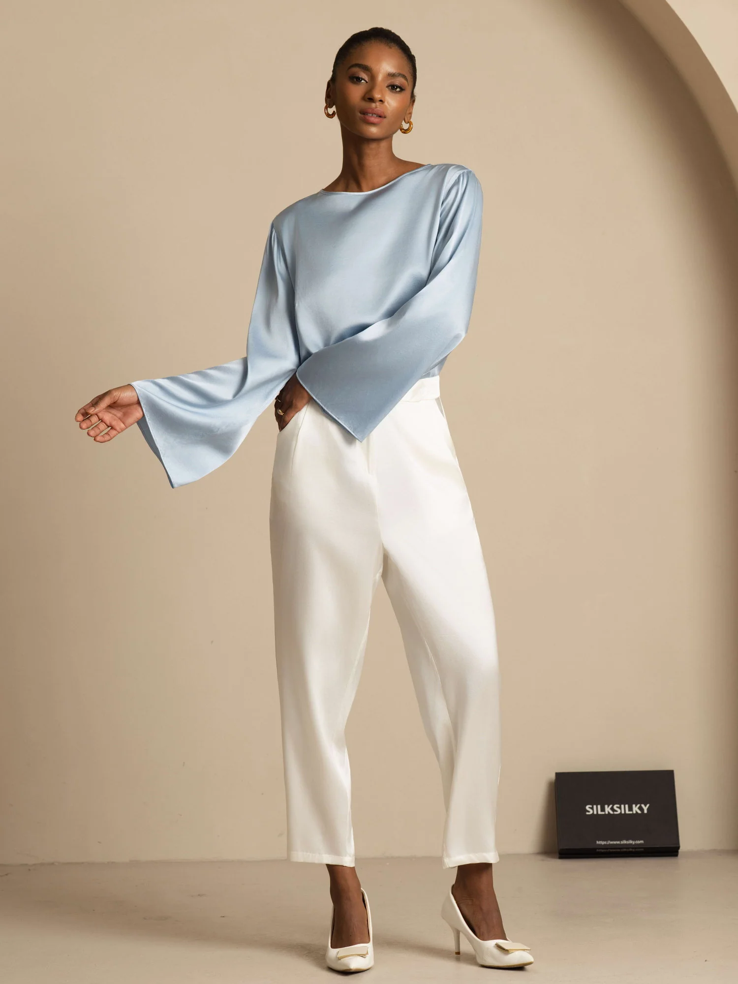 19Momme Silk Bell Sleeve Boat Neck Women's Top - Image 40