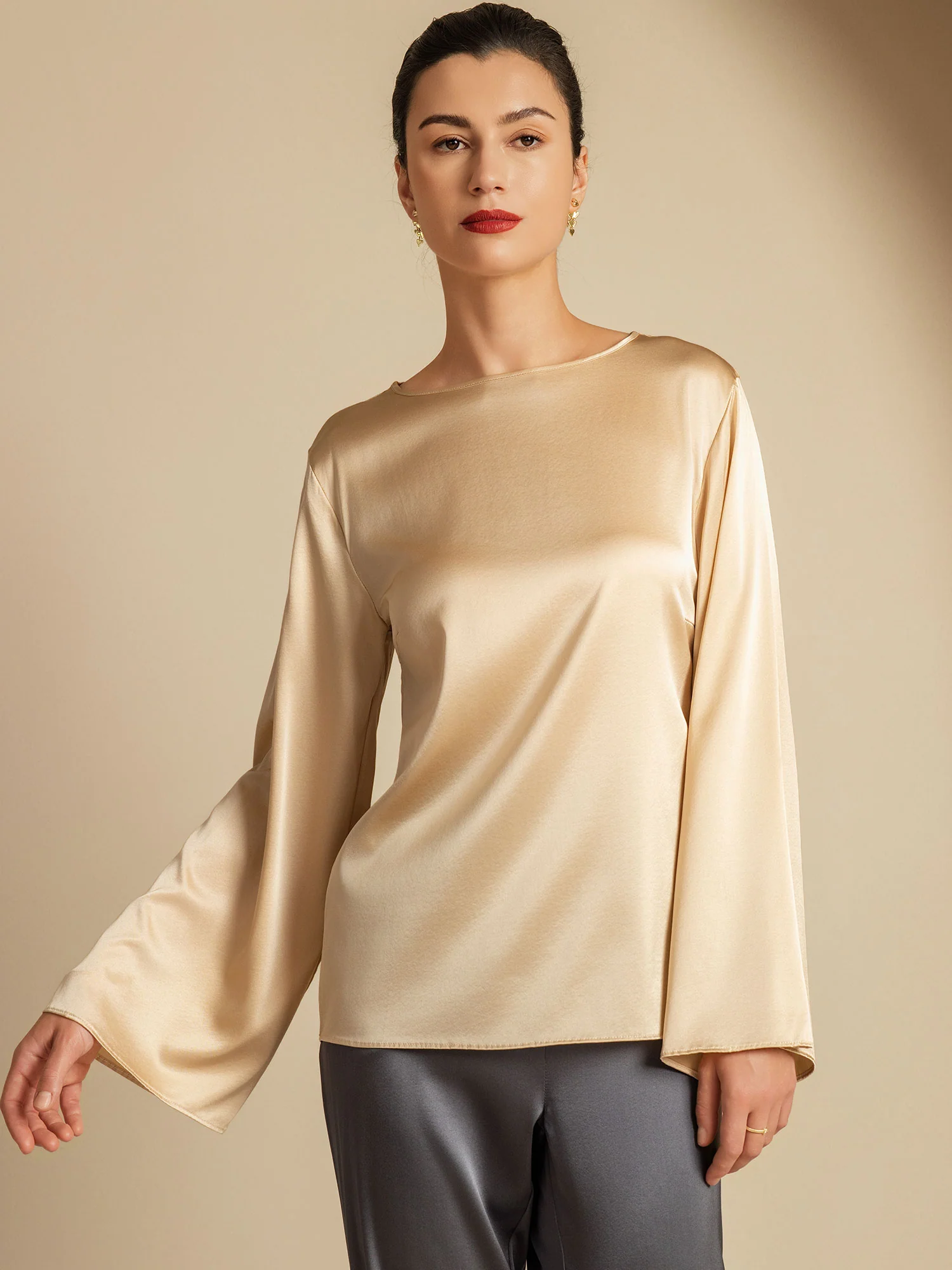 19Momme Silk Bell Sleeve Boat Neck Women's Top - Image 49