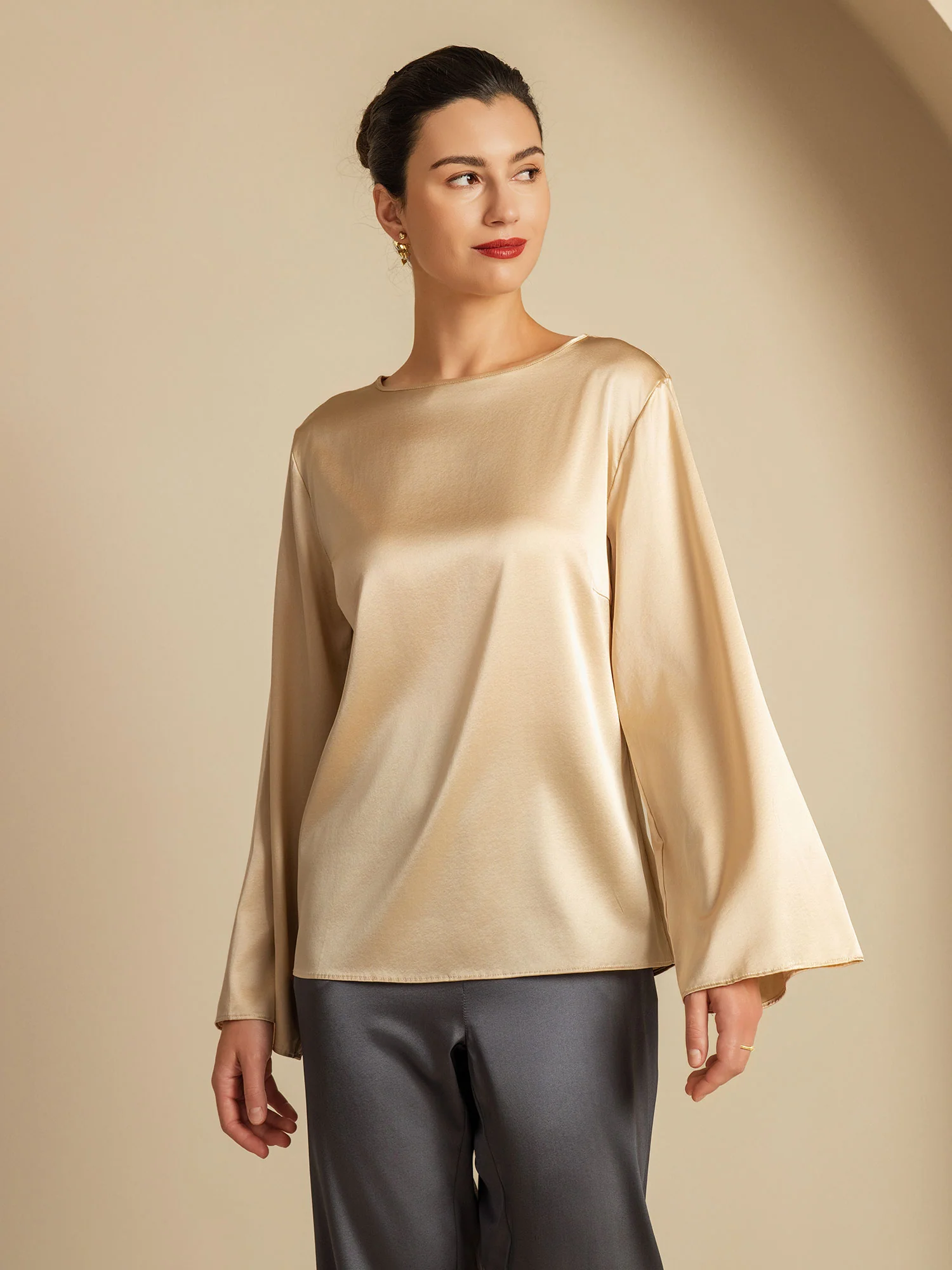 19Momme Silk Bell Sleeve Boat Neck Women's Top - Image 52