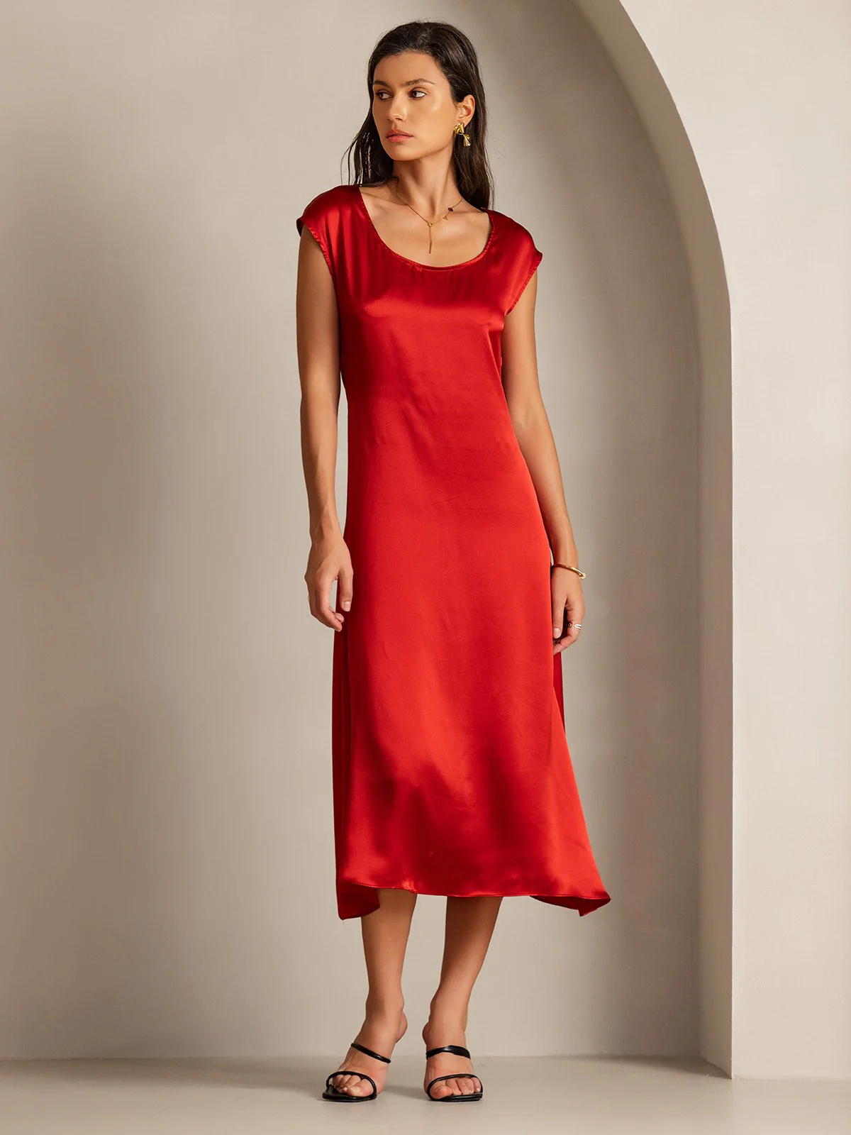 19Momme Silk Cap Sleeve Round Neck Midi Dress - Image 25