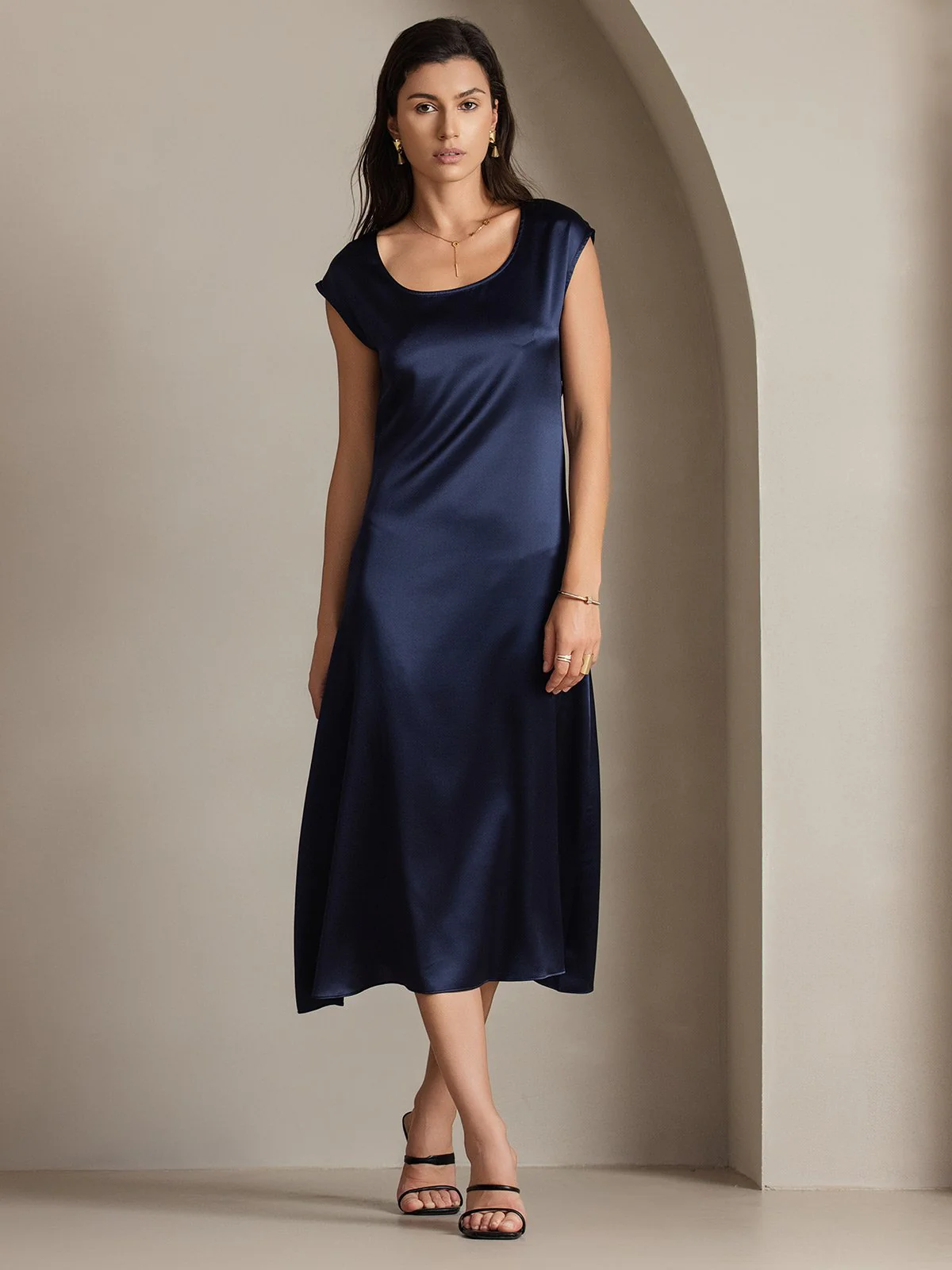 Clearance - 19Momme Silk Round Neck Cap Sleeve Midi Dress - Image 10