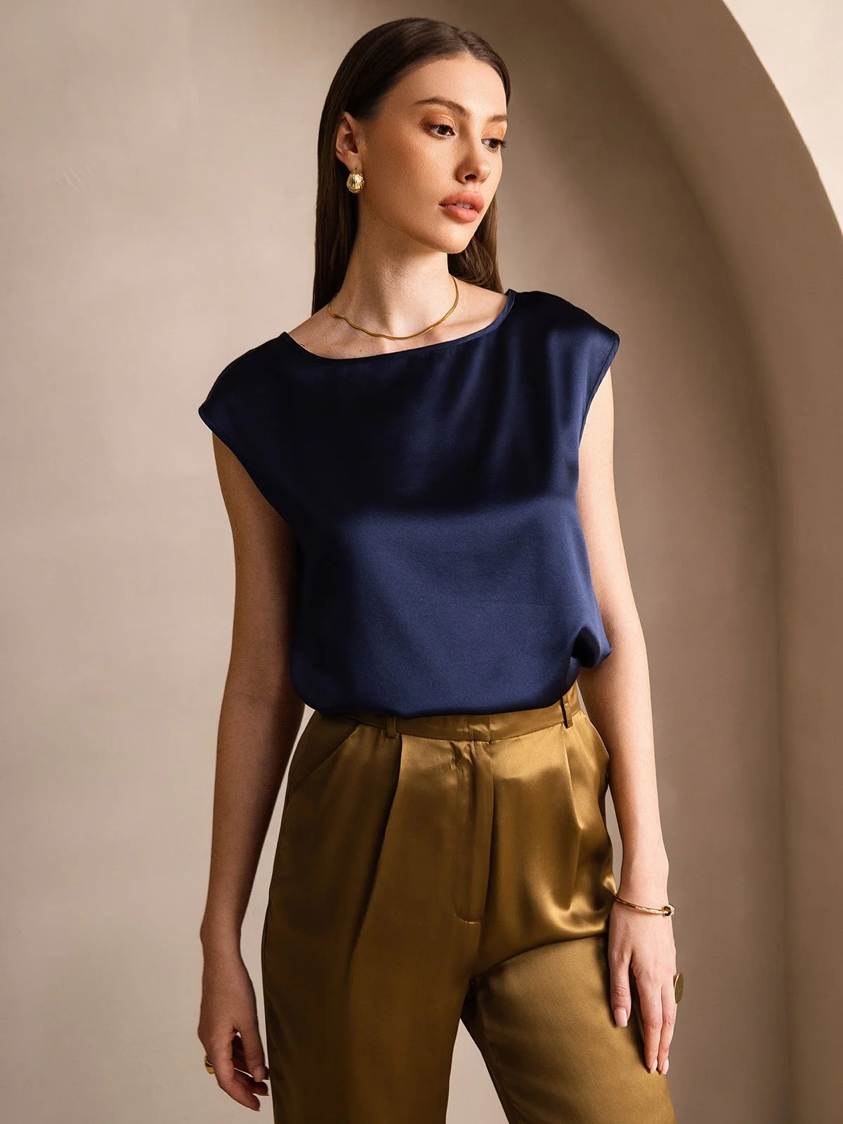 19Momme Silk Cap Sleeve Round Neck Women's Top - Image 36