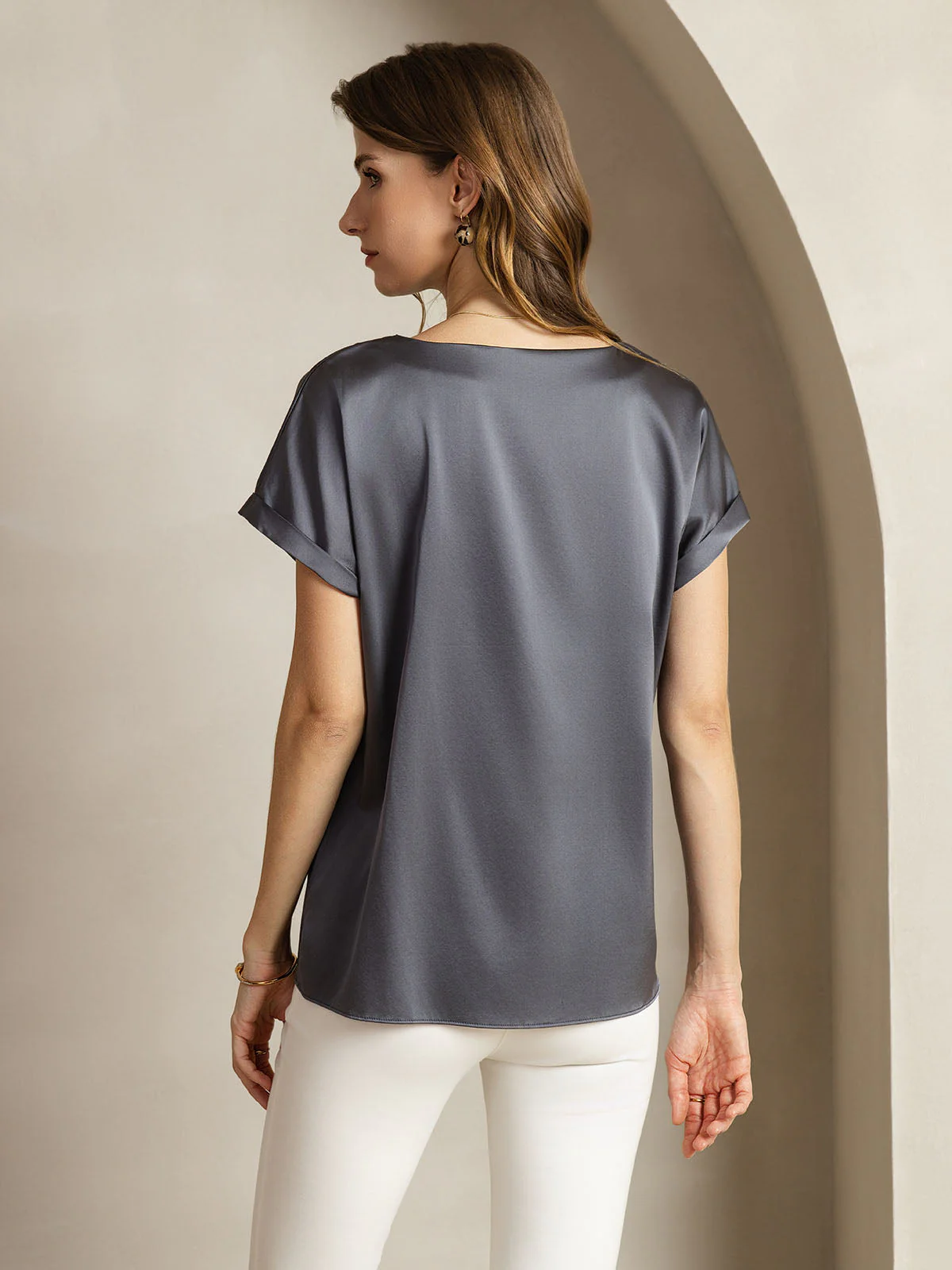 19Momme Silk Short Sleeve Boat Neck Cuffed Sleeve Women's T-Shirt - Image 57