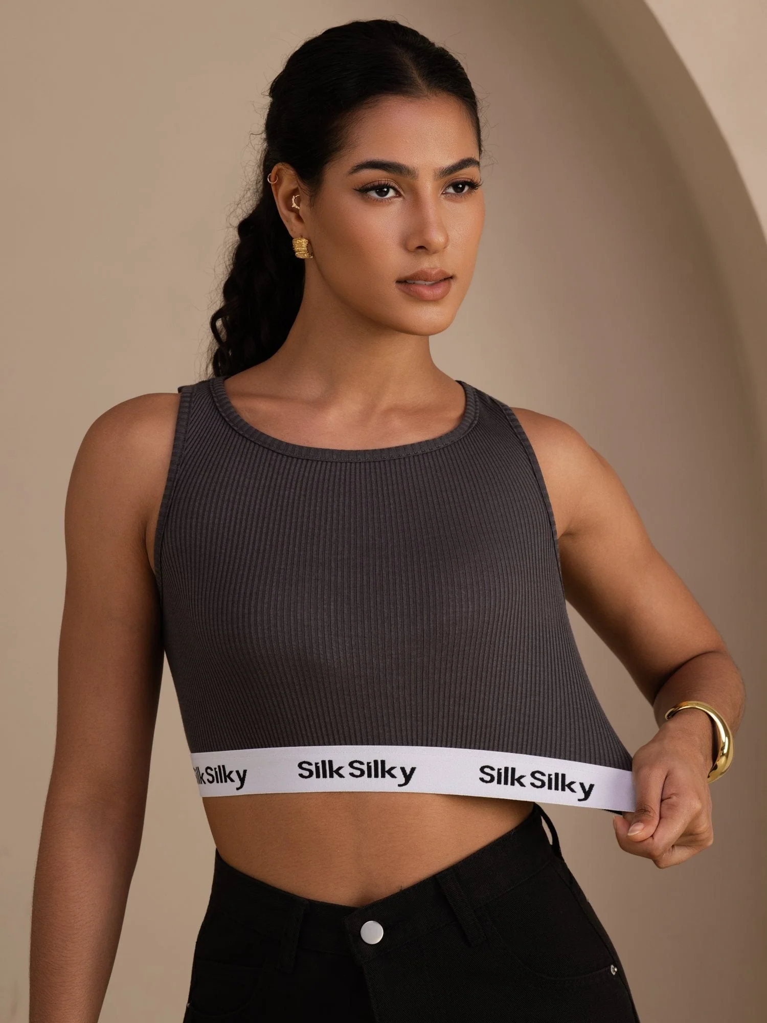 Clearance - Silk Cotton Sporty Crop Tank Top with Logo Elastic Band - Image 3