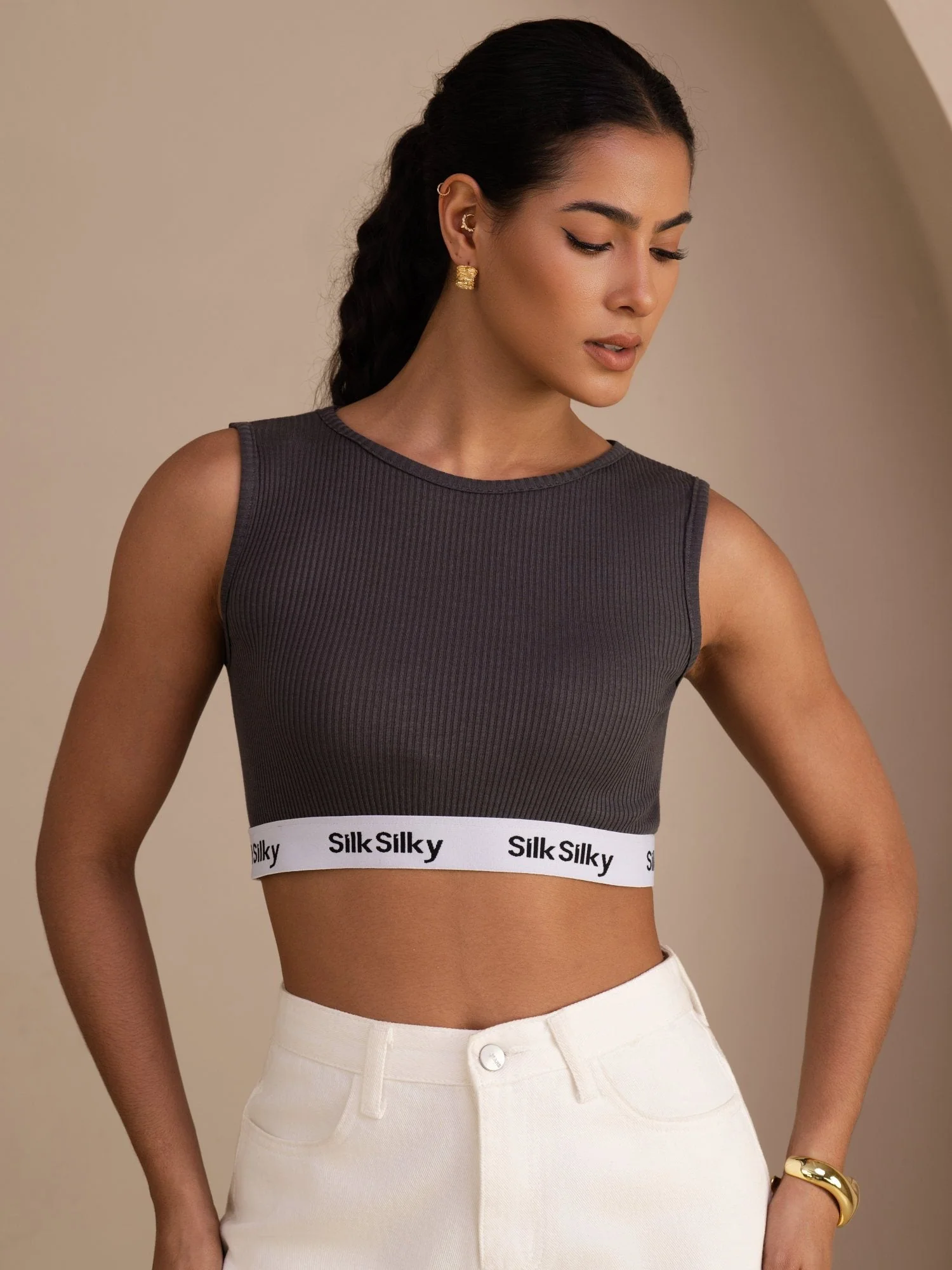 Clearance - Silk Cotton Sporty Wide Strap Crop Tank Top with Logo Elastic Band - Image 15