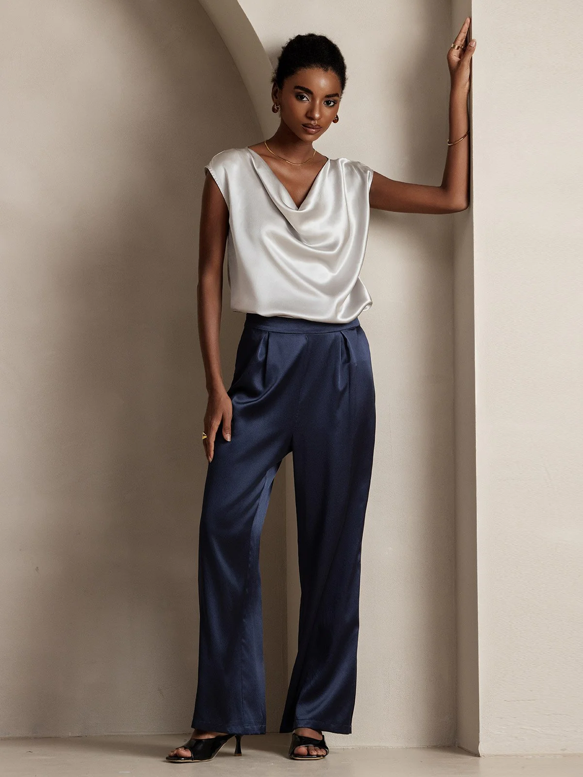 19Momme Silk Cap Sleeve Cowl Neck Women's Top - Image 51
