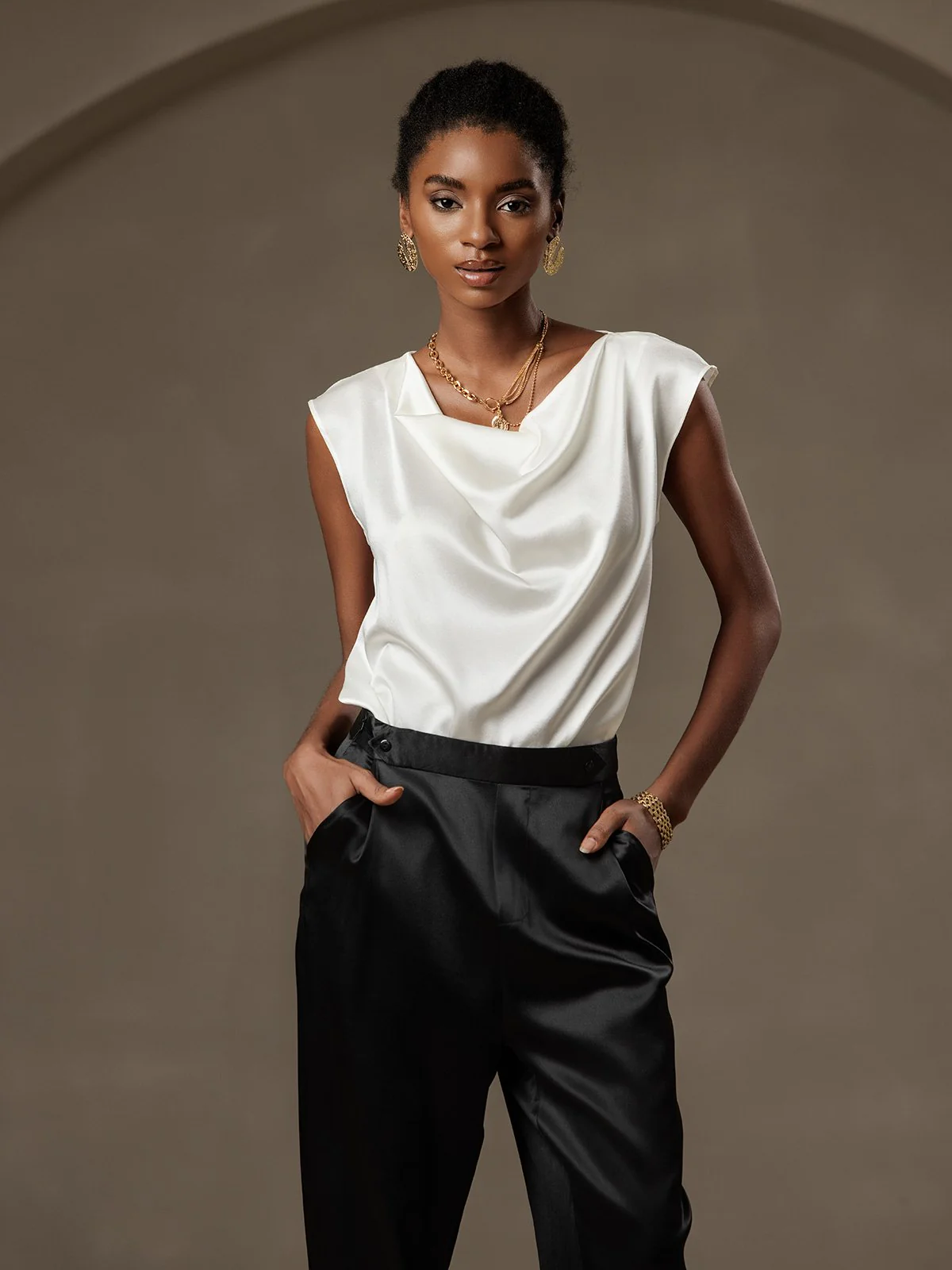 19Momme Silk Cap Sleeve Cowl Neck Women's Top - Image 8