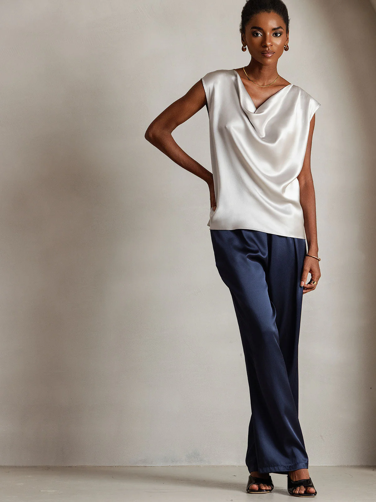 19Momme Women's Silk Cap Sleeve Cowl Neck Top - Image 18