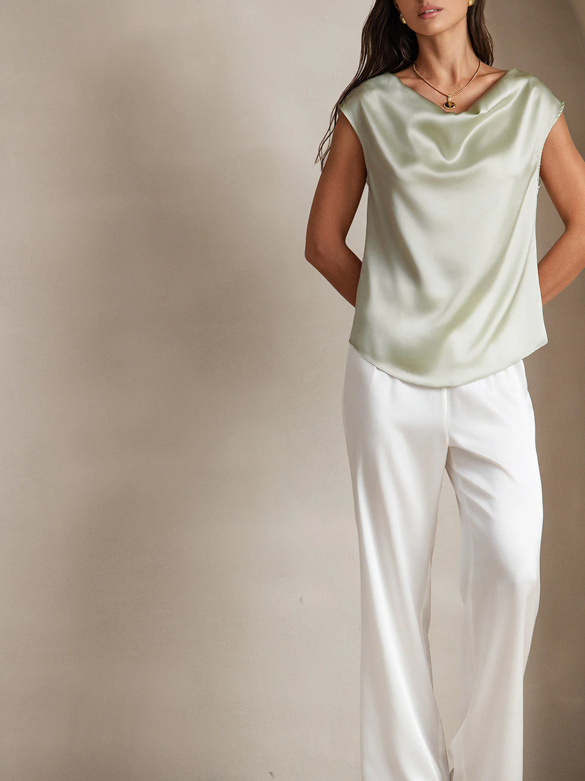 19Momme Women's Silk Cap Sleeve Cowl Neck Top - Image 39