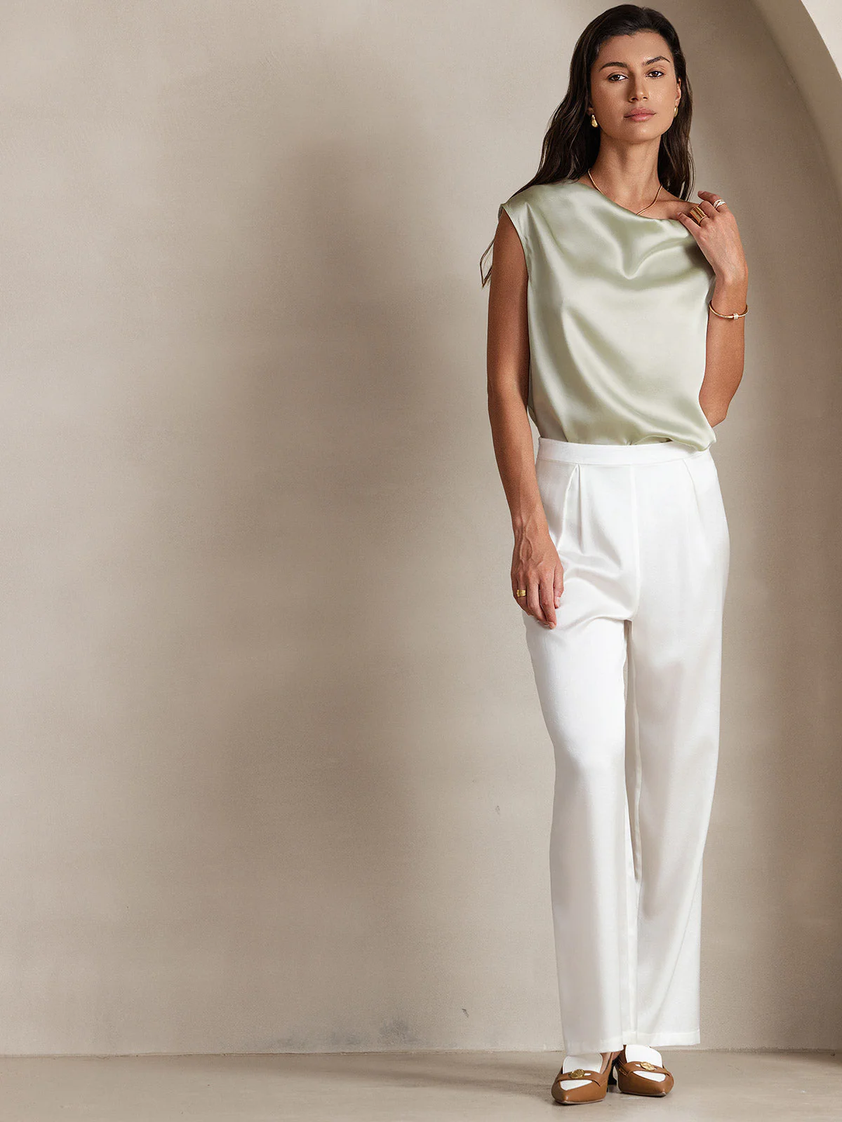19Momme Women's Silk Cap Sleeve Cowl Neck Top - Image 41