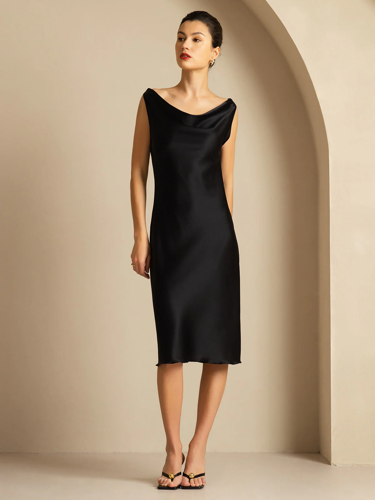 19Momme Silk Sleeveless Cowl Neck Knee Elegant Dress - Image 13