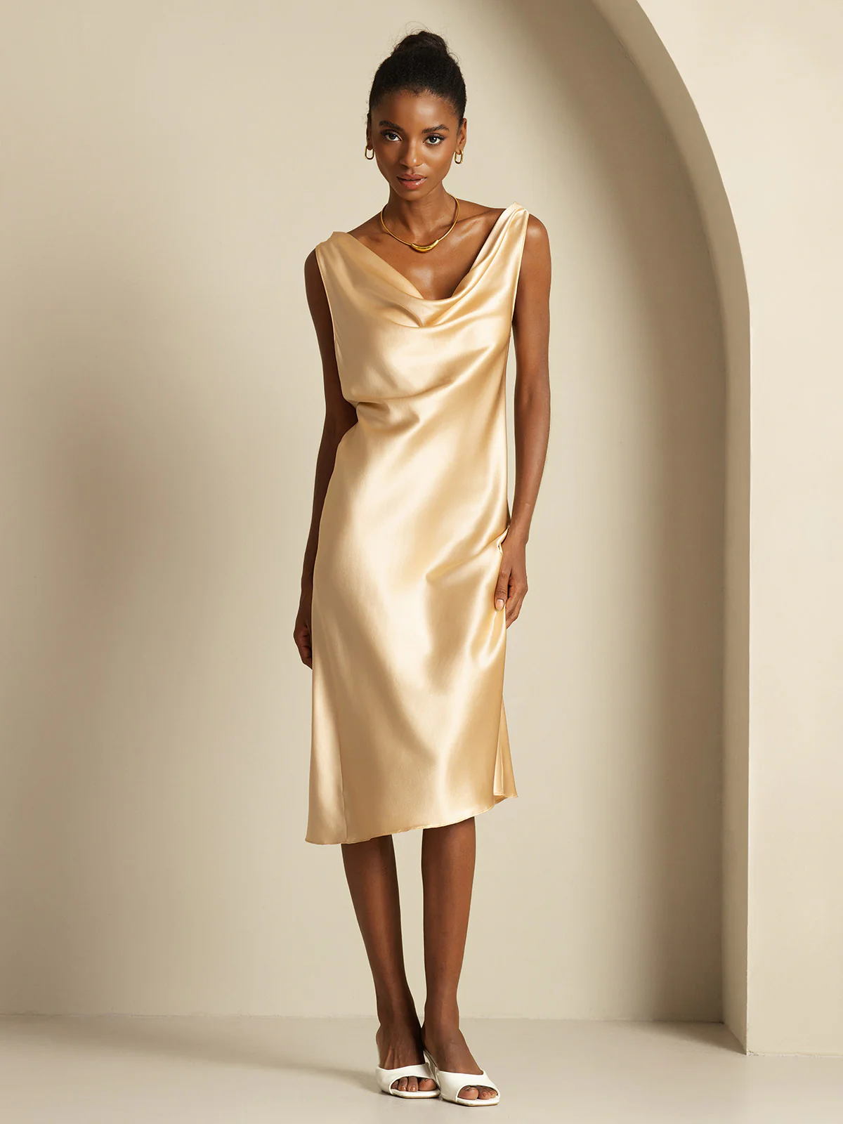 19Momme Silk Sleeveless Cowl Neck Knee Elegant Dress - Image 21
