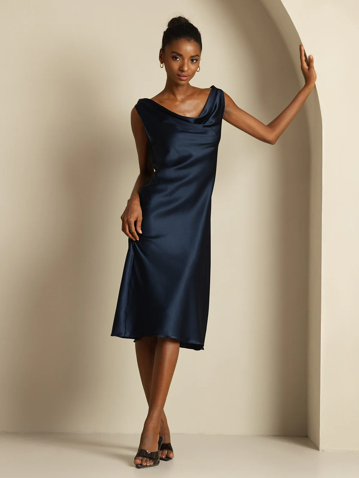 19Momme Silk Sleeveless Cowl Neck Knee Elegant Dress - Image 5