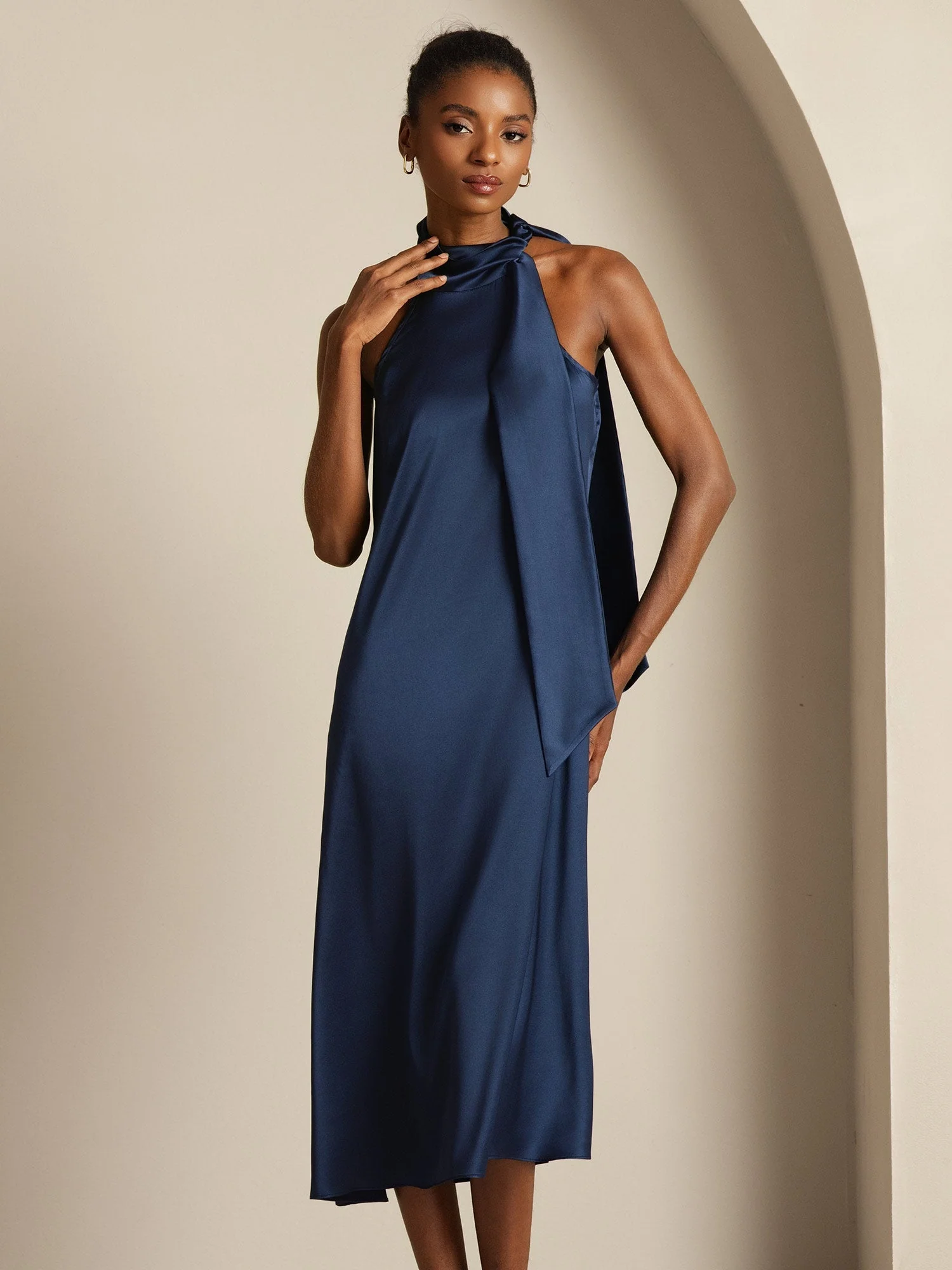 19Momme Silk Sleeveless Tie Neck Midi Dress - Image 9