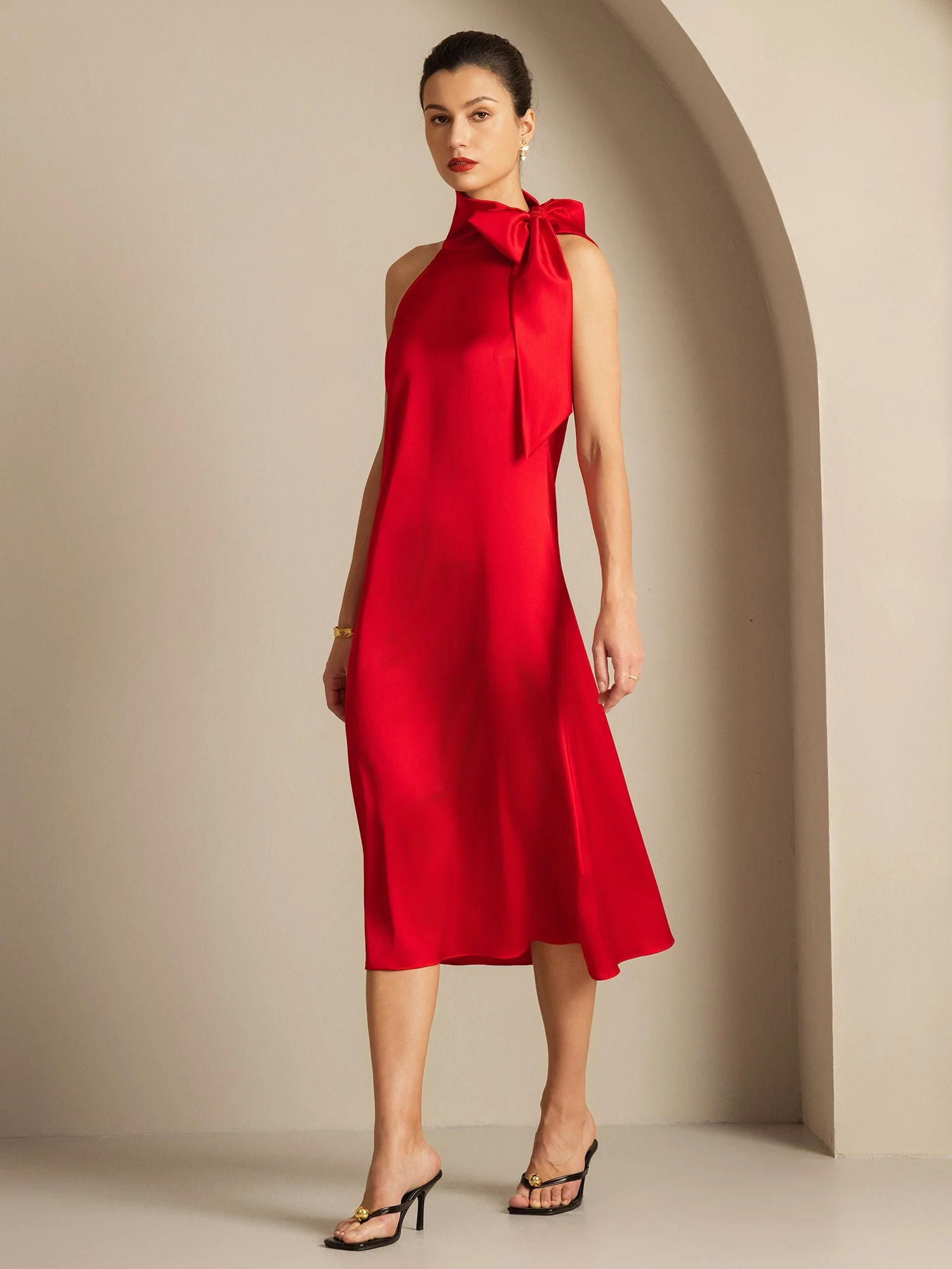 Clearance - 19Momme Silk Sleeveless Tie Neck Midi Dress - Image 6