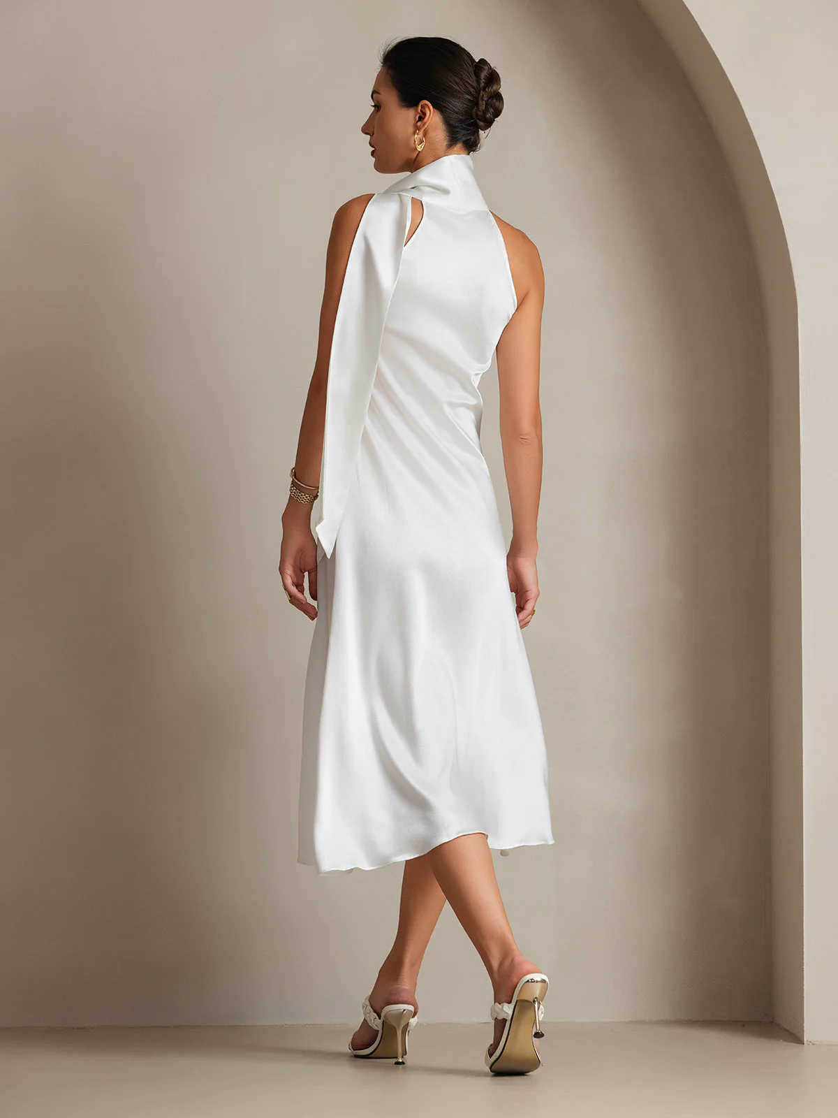 Clearance - 19Momme Silk Sleeveless Tie Neck Midi Dress - Image 9
