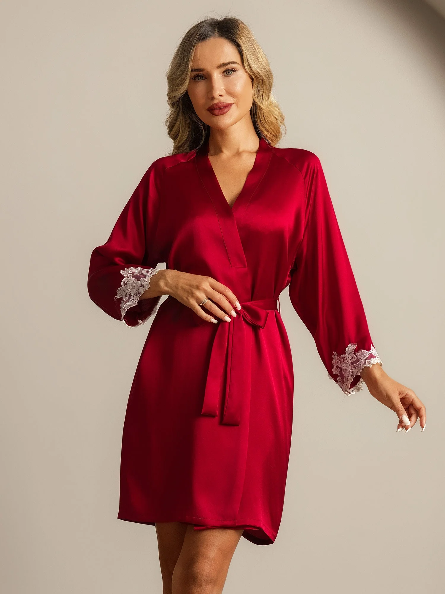 100% Mulberry Silk Lace Cuffs Robe Wrap Kimono Belted with 3/4 Sleeves - Image 28