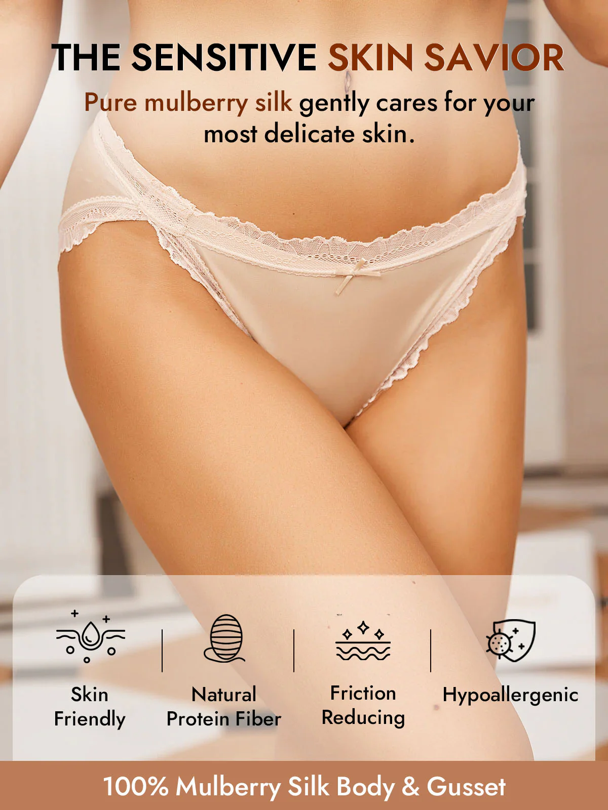 100% Mulberry Silk Lace Trim Bikini Panty with Bow Design - Image 3
