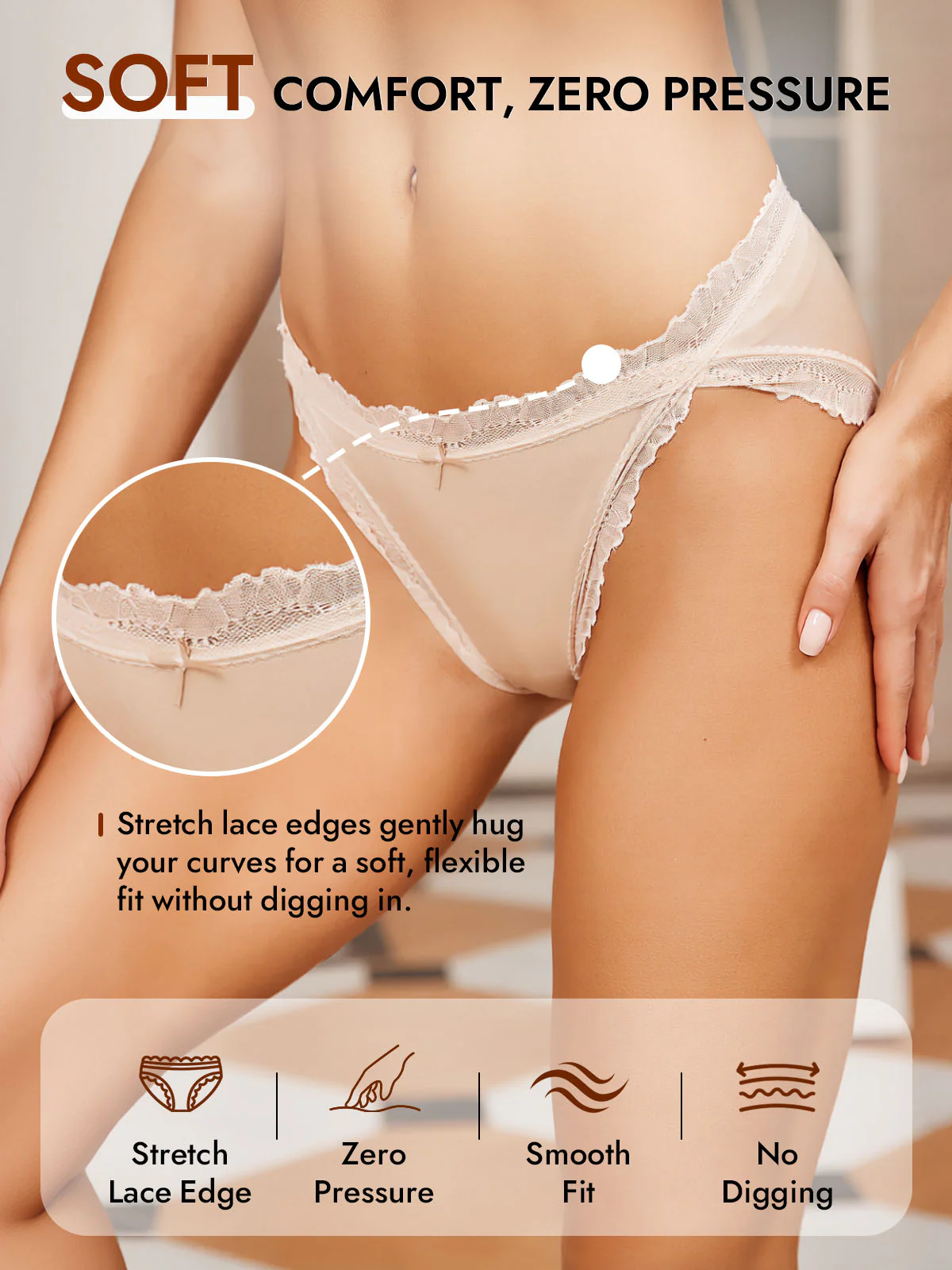 100% Mulberry Silk Lace Trim Bikini Panty with Bow Design - Image 5